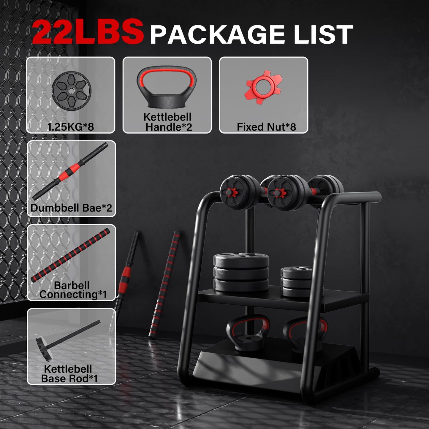 KEY2FUN Adjustable Dumbbells, 22/33/44/66/88LBS Free Weight Set with Connector, 4 in 1 Weight Set Used as Kettlebells, Barbell, Push up Stand, Fitness Exercises for Home Gym Suitable Men/Women (88, Pounds)