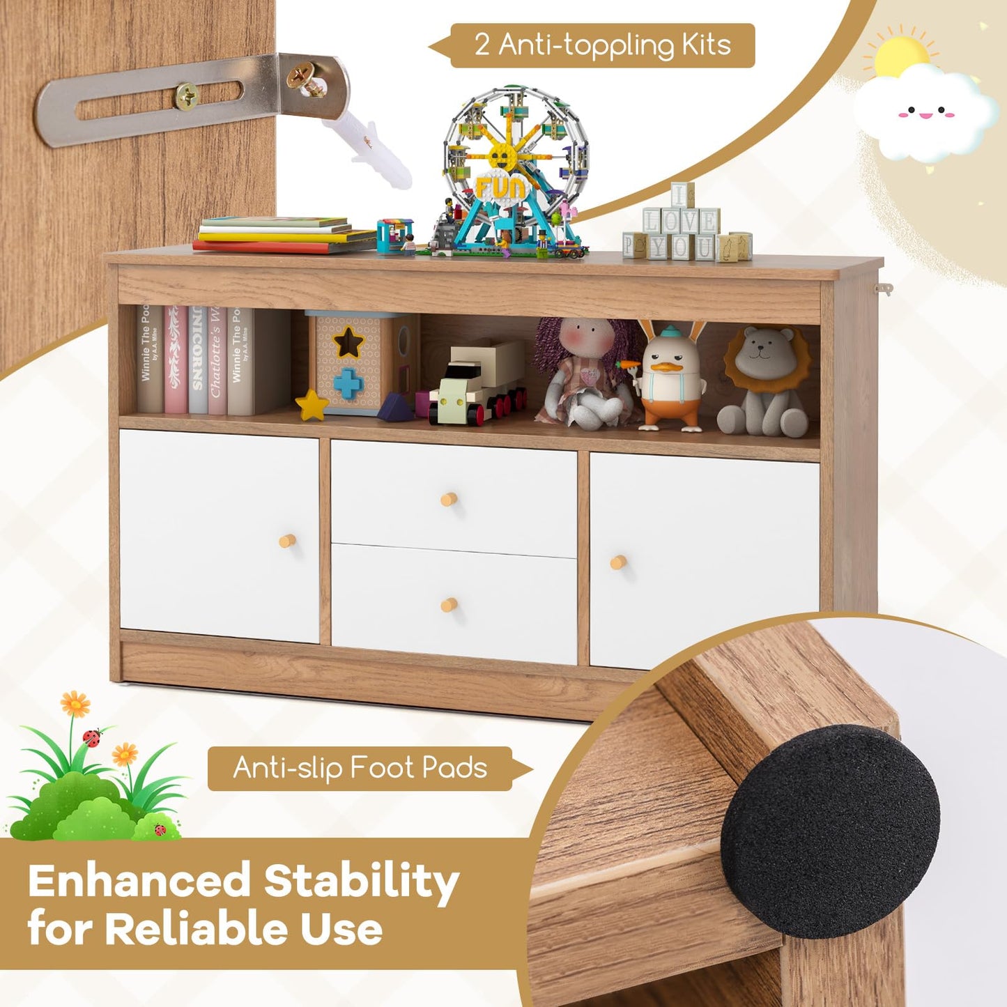 Costzon Toy Storage Organizer, Wooden Kids Toy Cabinet w/ 2 Drawers, 2 Cabinets & Open Shelf, Toy Organizers and Storage for Playroom, Bedroom, Nursery (Natural)