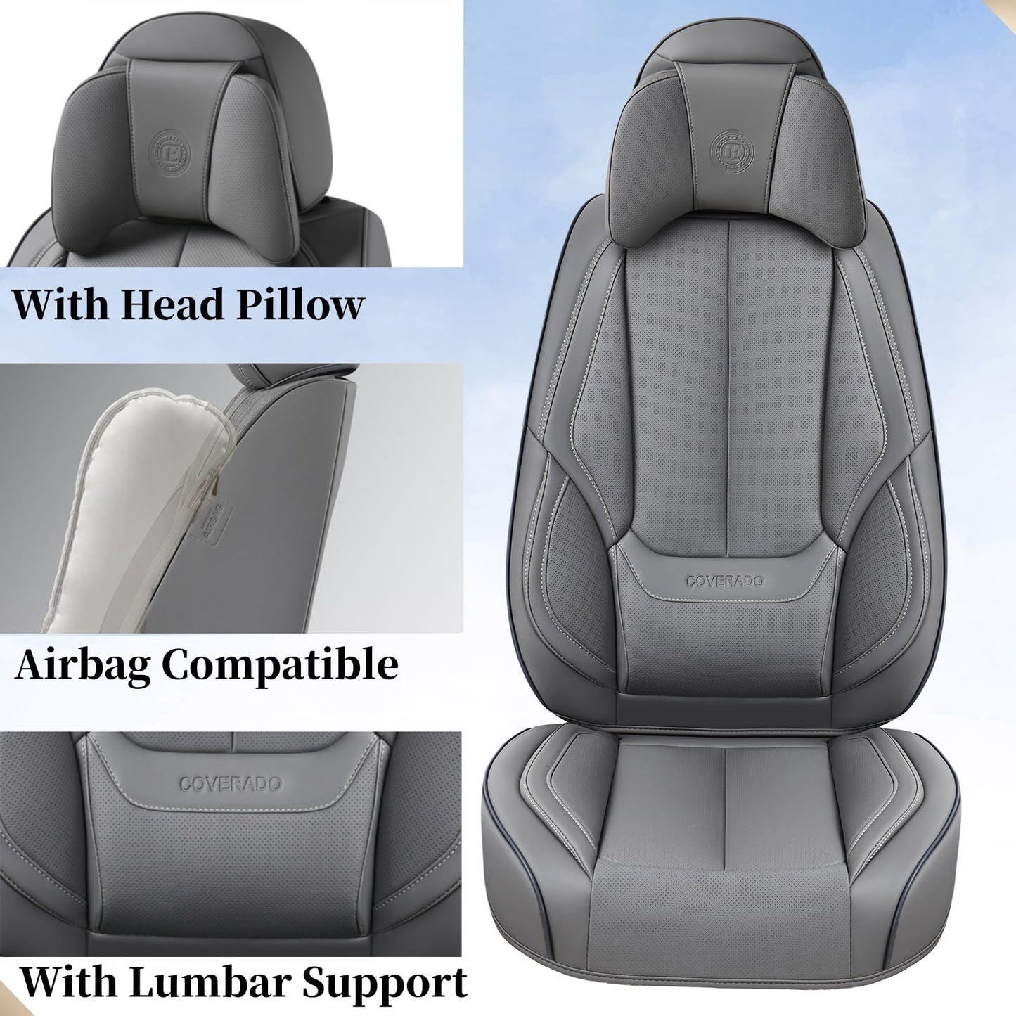 Coverado Universal Seat Covers Full Set, 5 Seats Universal Seat Covers for Cars, Waterproof Nappa Leather Car Seat Covers with Head Pillow, Auto Protectors Fit for Most Sedans SUV Pick-up Truck-Gray