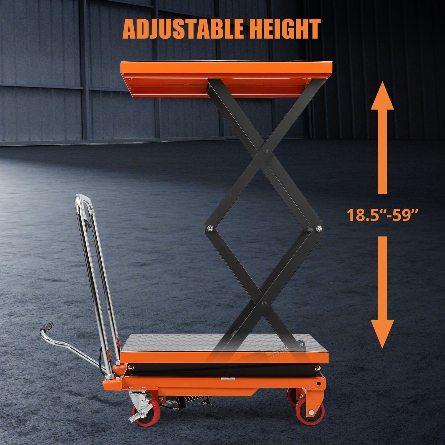 EliteEdge Double Scissor Hydraulic Lift Table Cart - 330 Lbs Capacity, 50" Height, Manual Elevating, 4 Wheels, Non-Slip Pad, Orange - Effortless Lifting, Wide Application, Easy Mobility