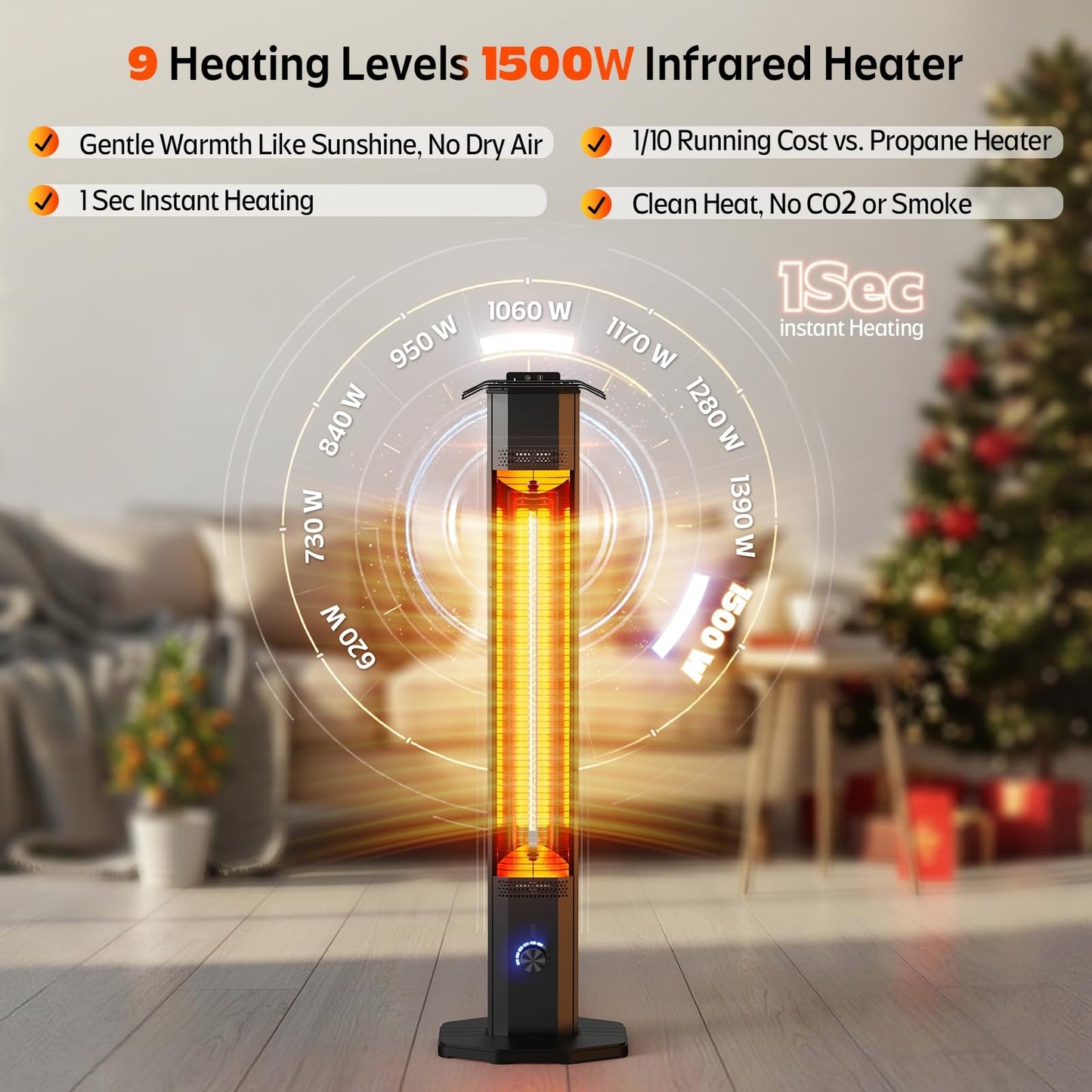 Outdoor Electric Patio Heater, 42-inch 1500W Infrared Tower Heater with 9 Heat Settings & 9H Timer, IPX5 Waterproof, Safety Lock, Tip-Over & Overheat Protection Space Heater for Indoor & Outdoor Use