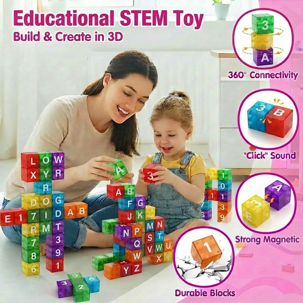 XNYV Magnetic Alphabet Blocks 40pcs - Educational STEM Learning Toys for Kids 3-8 | Portable Travel Letter Number Math Kit | Montessori Preschool Gifts Boys Girls