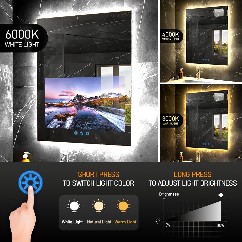 Leotachi 32"x24" Smart Waterproof Anti-Fog Vanity Mirror with Built-in 21.5" Touch Display, Android OS, Adjustable 3-Color LED, Bluetooth/WiFi/HDMI, Streaming Apps for Bathroom & Bedroom
