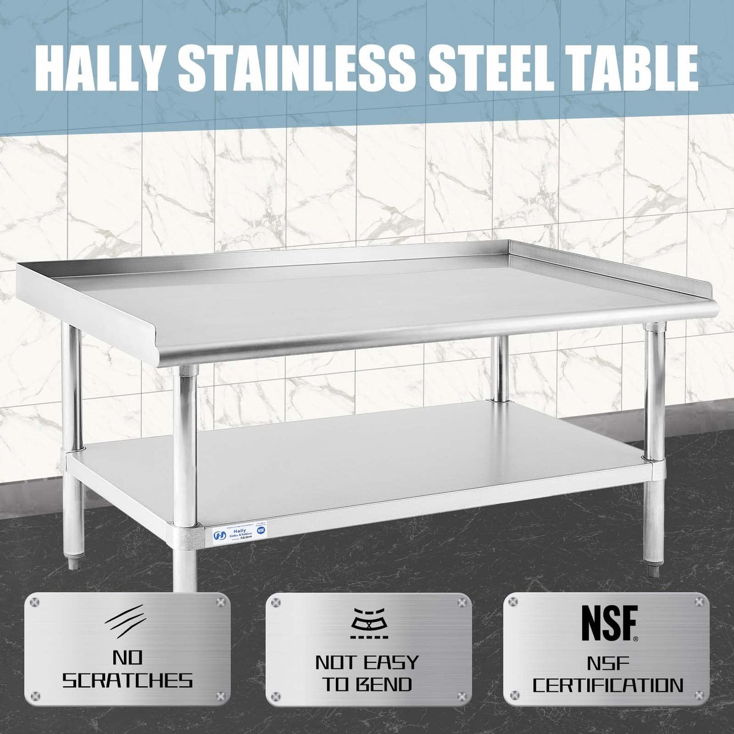 HALLY Stainless Steel Equipment Stand 28x48 Inches with Undershelf, NSF Commercial Prep & Work Table with Rear and Side Risers, Heavy Duty Grill for Kitchen, Bar, Restaurant, Home and Hotel