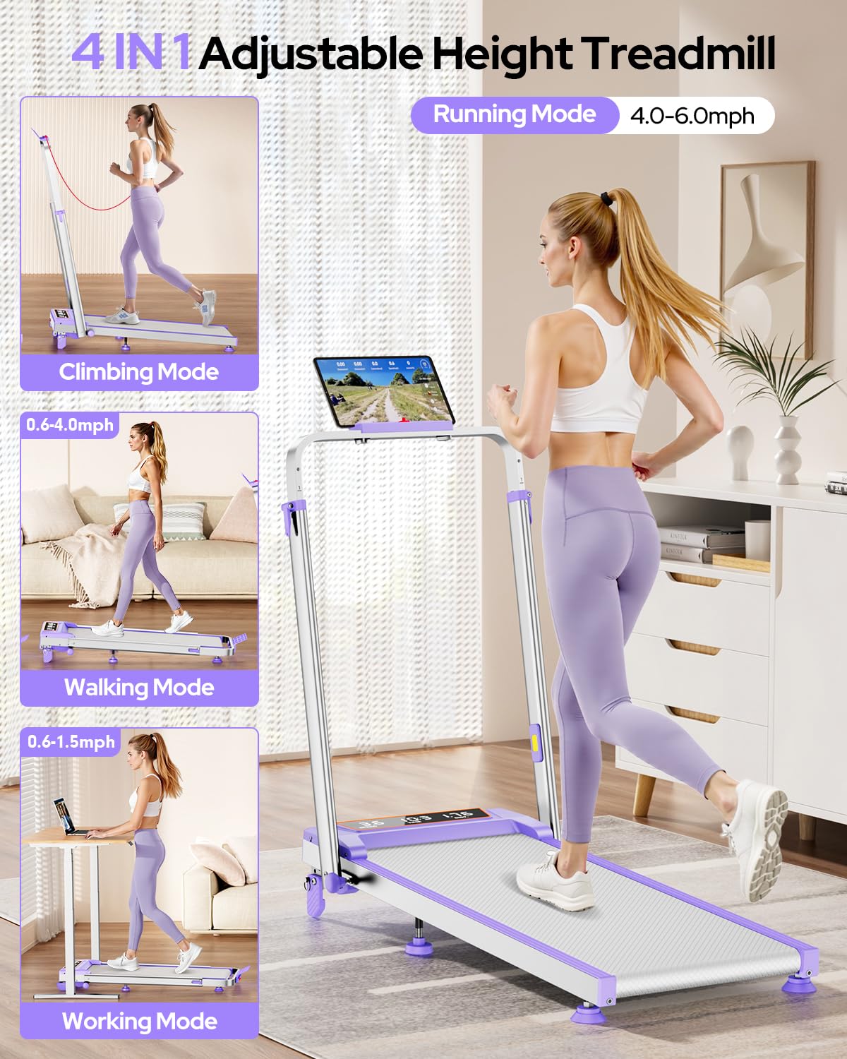 Walking Pad Treadmill with 12% Incline & Adjustable Height, 4 in 1 Walking Pad with Handle Bar, 3.5HP Foldable Under Desk Treadmill, Portable Treadmills for Home 350LBS, APP & Remote Control, Purple
