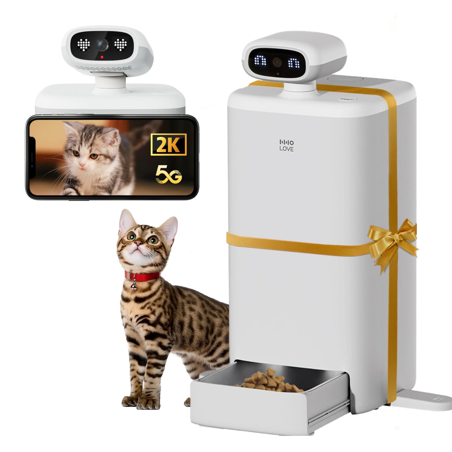 HHOLOVE Automatic Cat Feeder with Camera AI-Powered, 2k HD Video Night Vision, 5G/2.4G Wi-Fi Programmable, 2-Way Audio, Low Food Alert, Blockage Sensor, 1-Year Subscription Version