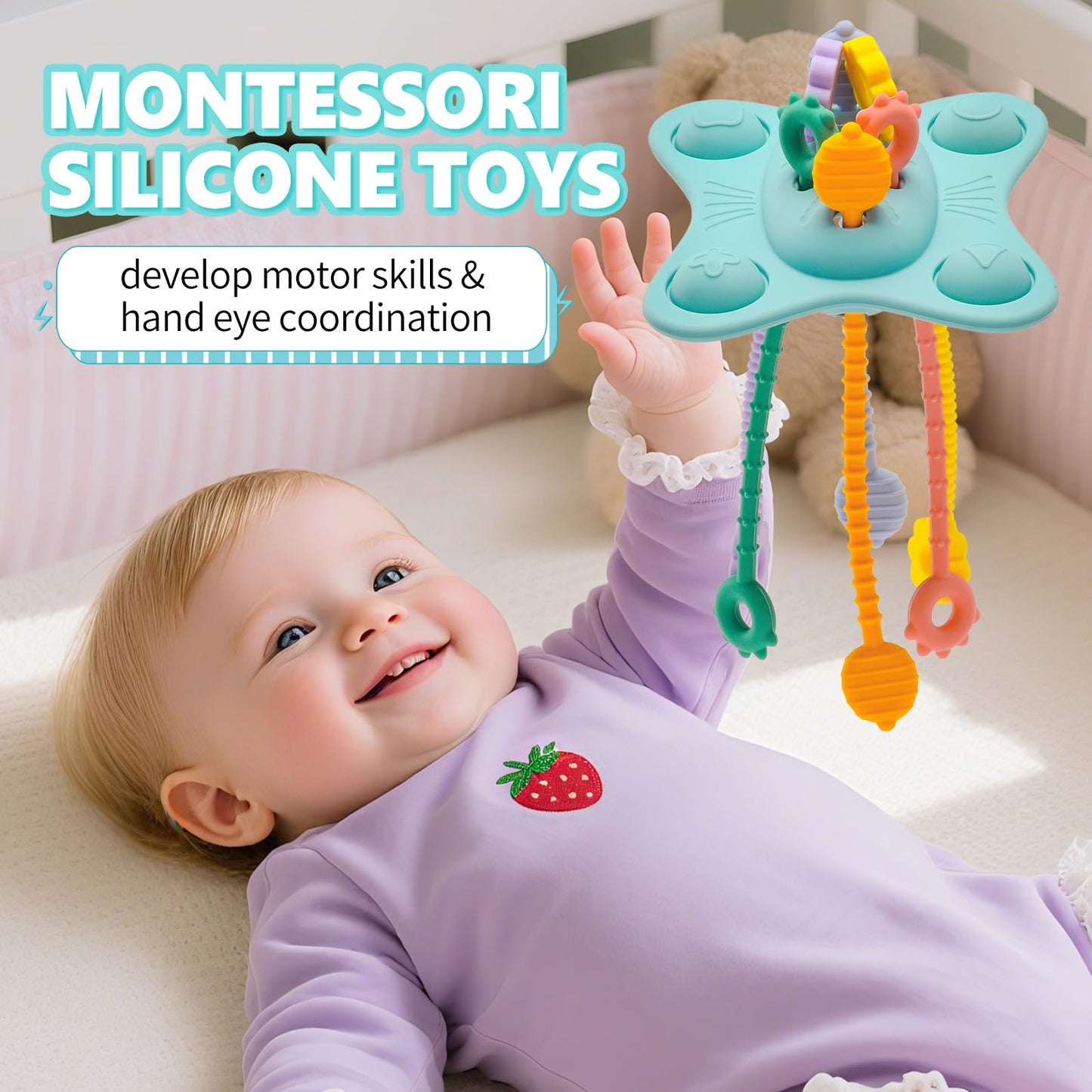 SILI FACTORY Silicone Montessori Sensory Toys for Babies 18 Months,Pull String Activity Toy, Early Educational Fine Motor Skills Toy for Toddlers,Car Seat Airplane Travel Toys