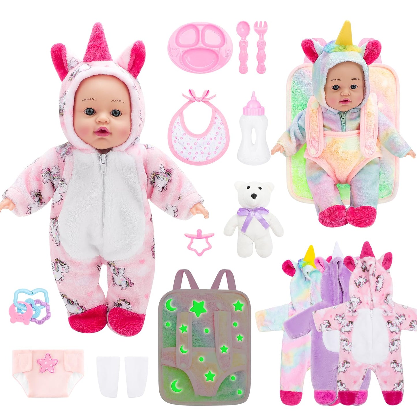 deAO 12 Inch Soft Baby Doll Backpack Glow in Dark Carrier Playset Toys Baby Care Toys Set with 12''Doll Clothes Bottle Accessories Birthday Gift for Toddlers Boys Girls