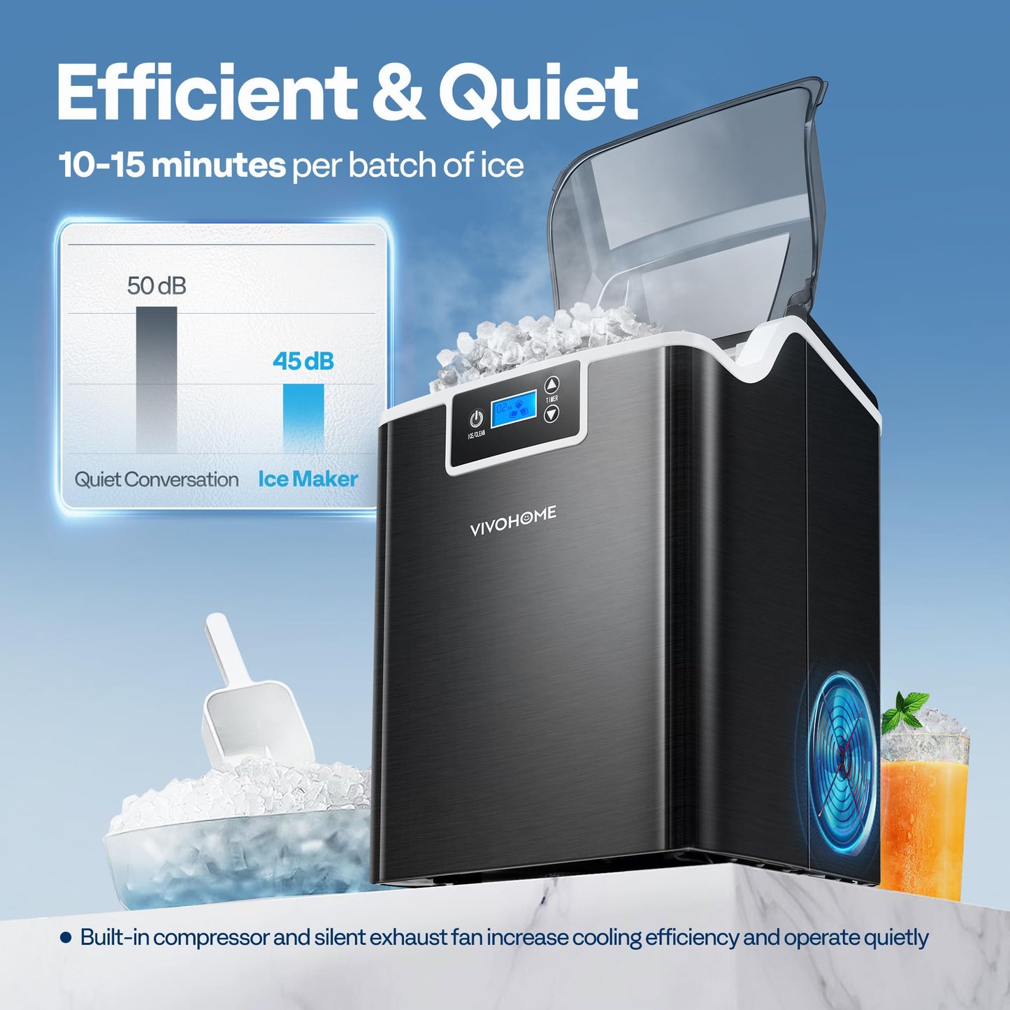 VIVOHOME Nugget Ice Maker Countertop, Portable Pebble Ice Maker Machine with 44lbs/Day, Soft Chewable Pellet Ice Machine with Self-Cleaning, Scoop, 10 Ice Bags, for Home Kitchen, Party, RV, Camping