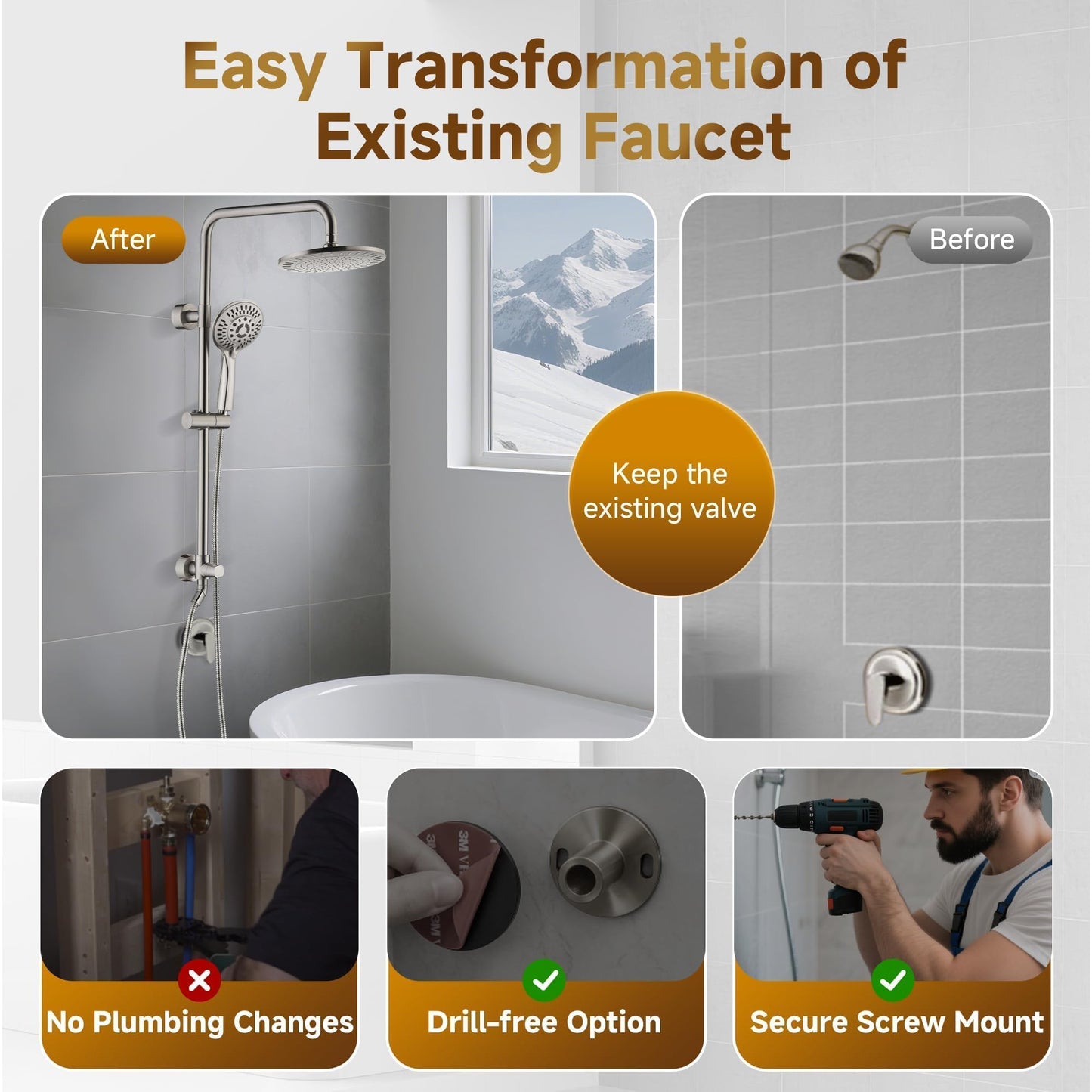 BRIGHT SHOWERS Rain Shower Heads System - 9 Inch Rainfall Shower Head and Handheld Shower Head with Height Adjustable Holder, Solid Brass Rail and 60" Long Stainless Steel Shower Hose, Brushed Nickel