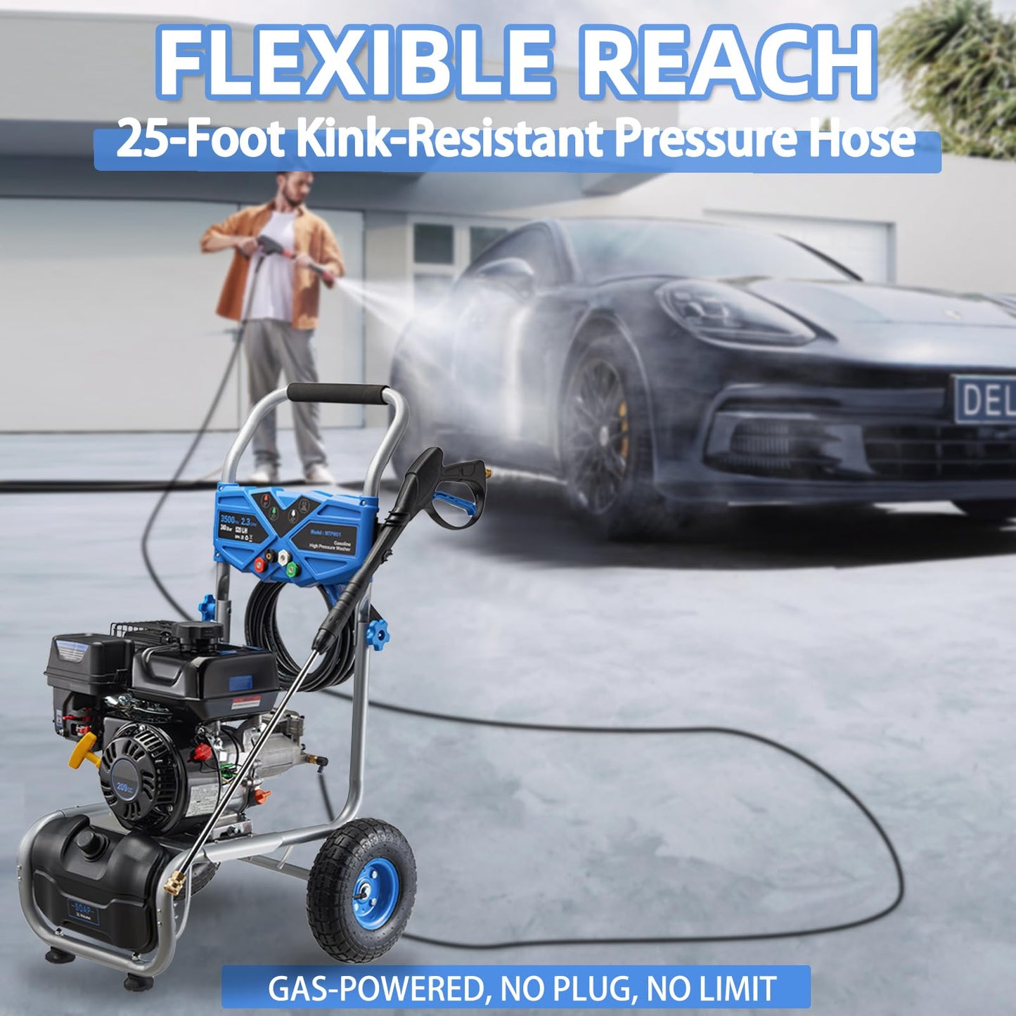 AACULPET Gas Pressure Washer 3500PSI, 209CC 2.3GPM Gas Power Washers with 25FT Hose, 4 Quick-Connect Nozzles, Soap Tank, Axial Pump, Commercial High Pressure Washers Gas Powered for Car Driveway Wall