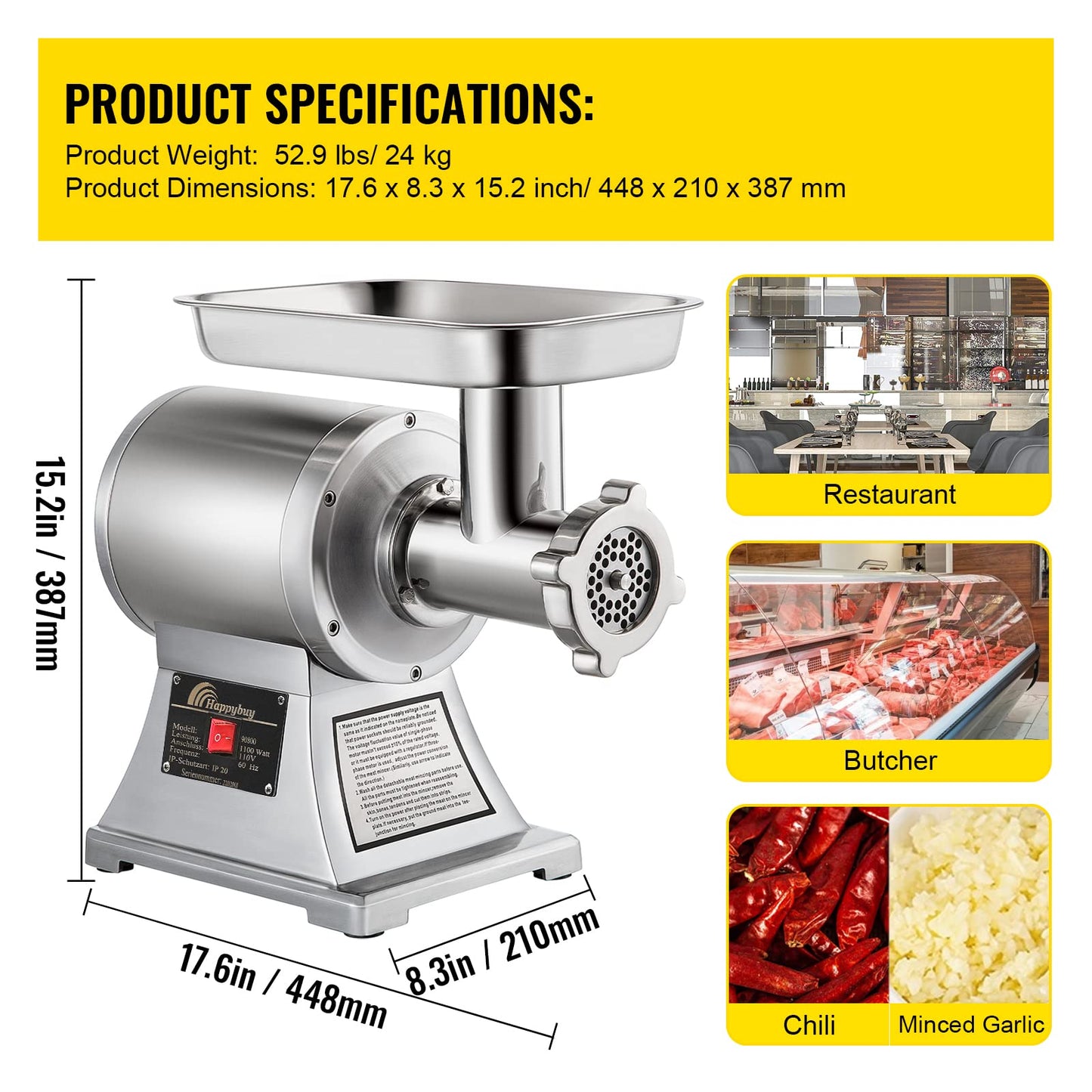 Happybuy Commercial Meat Grinder,550LB/h 1100W, 220 RPM Heavy Duty Stainless Steel Industrial Meat Mincer w/2 Blades, Grinding Plates & Meat Pusher