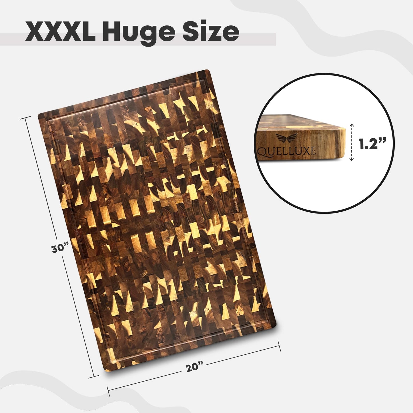 QUELLUXE 30" x 20" Acacia Wood End Grain Cutting Board Extra Large, XXXL Noodle Board Stove Cover, Heavy-Duty Butcher Block, 3XL Meat Chopping Board, Oversized Turkey Carving Board, Charcuterie Board