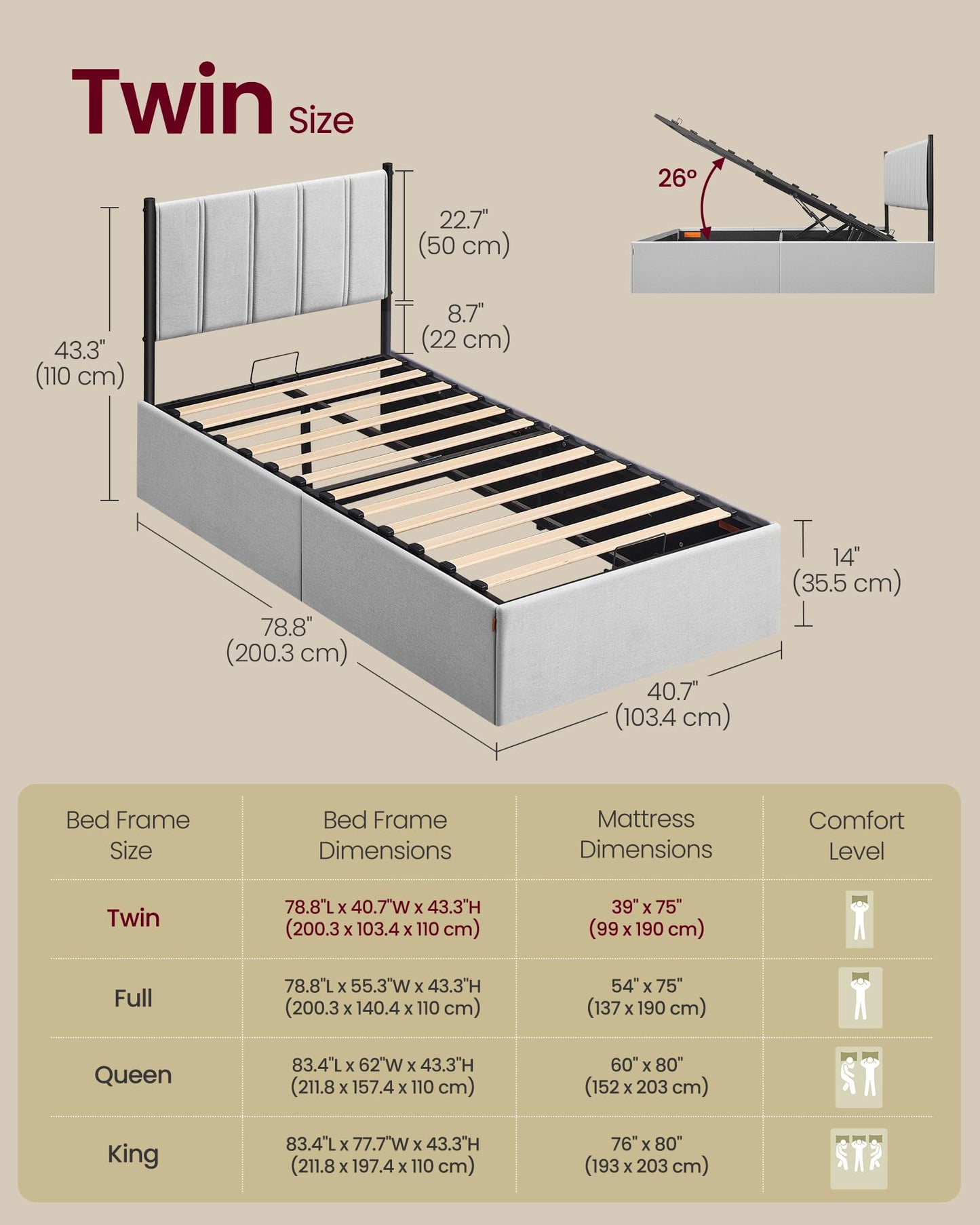 VASAGLE Lift Up Storage Bed Frame Twin Size, Hydraulic Platform Bed, with Upholstered Headboard, 550 lb Weight Capacity, No Box Spring Needed, Easy Assembly, Modern, Dove Gray URMB603G01