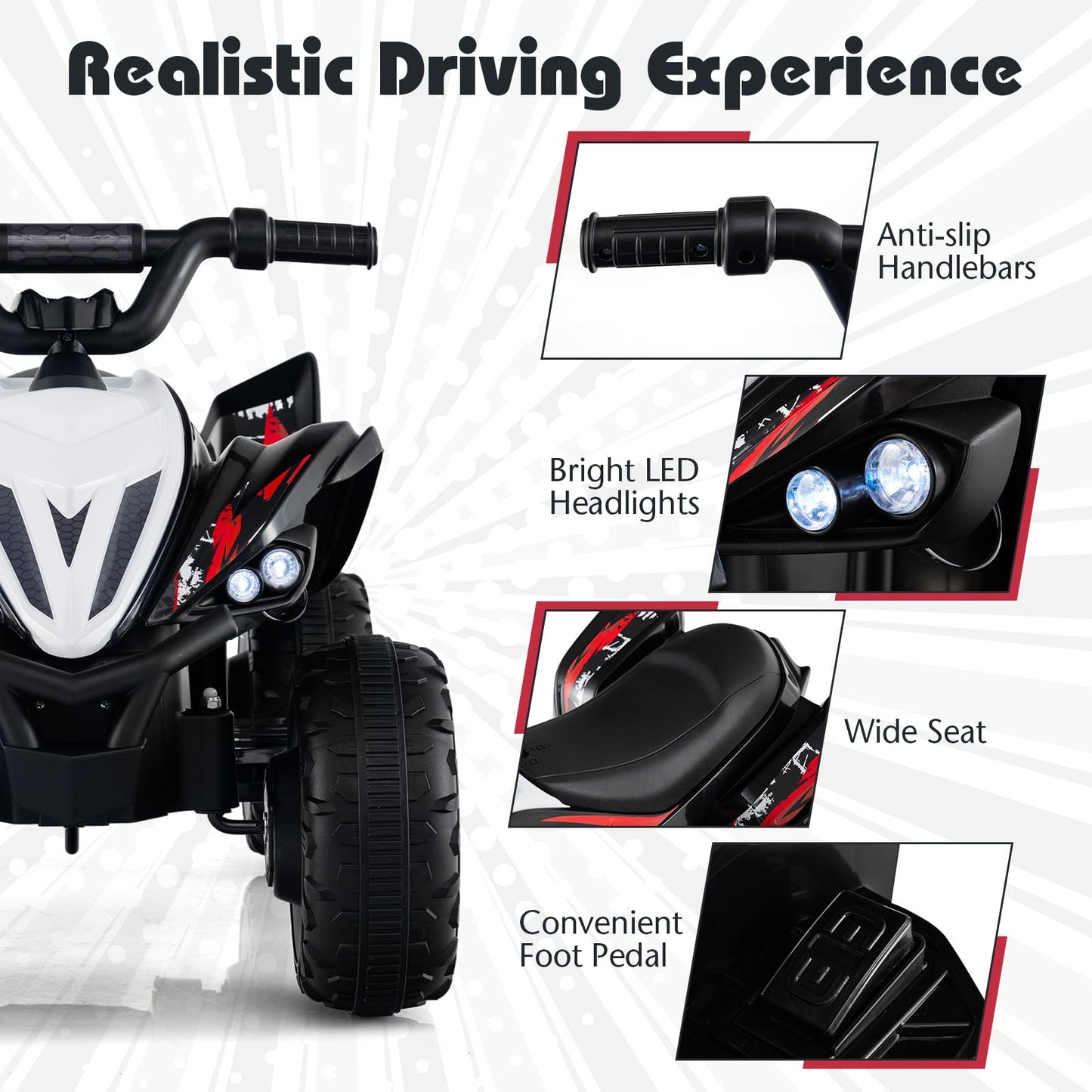 Costzon Kids ATV, 12V 4-Wheeler Quad Electric Vehicle w/ 7 mph Max Speed, 15° Climbing, LED Lights, Music, Wireless Connection, Toddler Ride On ATV Toy, Gift for Boys Girls Aged 3+ (Deep Black)