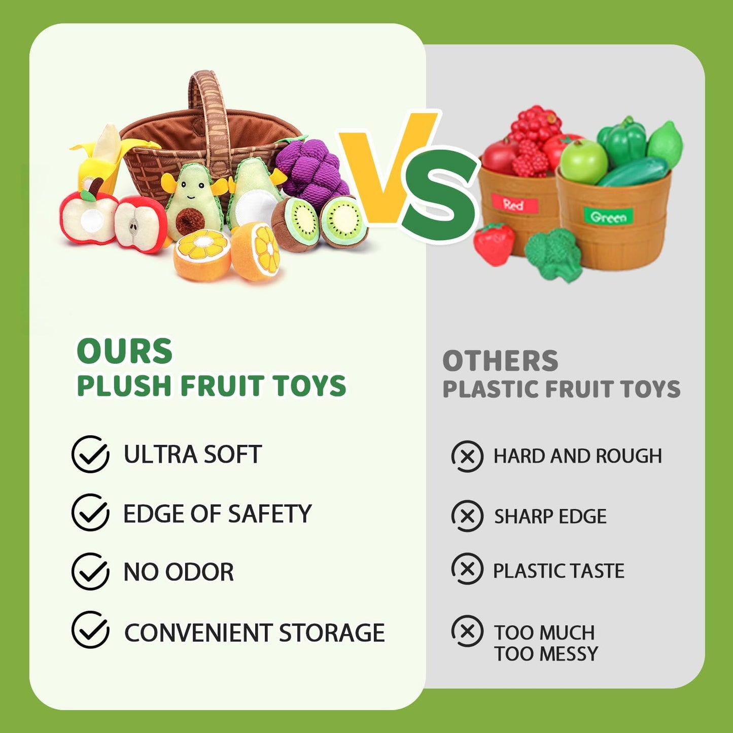 Jollybaby Plush Stuffed Cloth Fruit Food Toy Set for Toddler 1-3, Soft Fruit Basket Montessori Sensory Toy for 1 Year Old, Felt Pretend Fake Food Toy for Baby 0-6-12 Month, Newborn