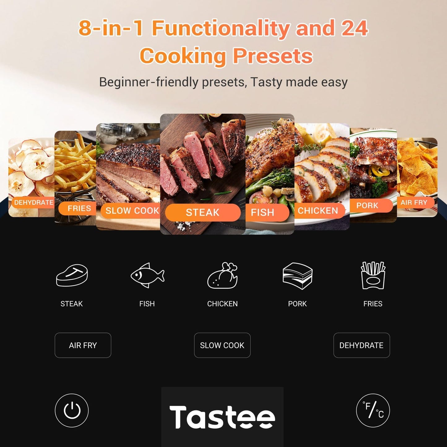 Tastee Ceramic Air Fryer, 8-in-1 Compact 5.5QT AirFryers, 450°F Digital Airfryer Dehydrator with Smart Probe, 24 Presets One-touch Cooking, In-app Recipes with Window, Dishwasher-safe & Non-stick