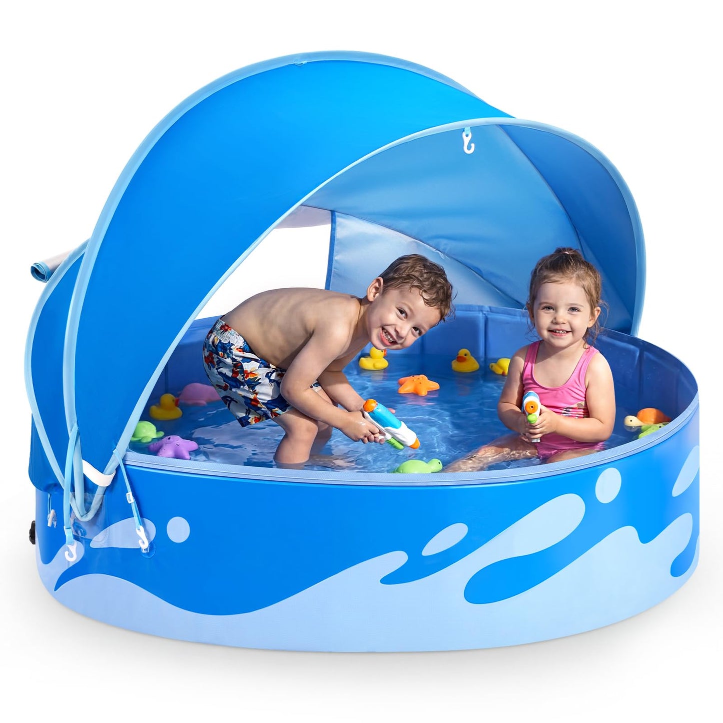 Peradix Paddling Pool for Kids and Dogs, 48" Portable Baby Pool with Canopy for Toddlers Summer, Foldable Kiddie Tent with Sun Shade Outside Water Toys for Backyard Beach, Easy Setup & Carrying Bag
