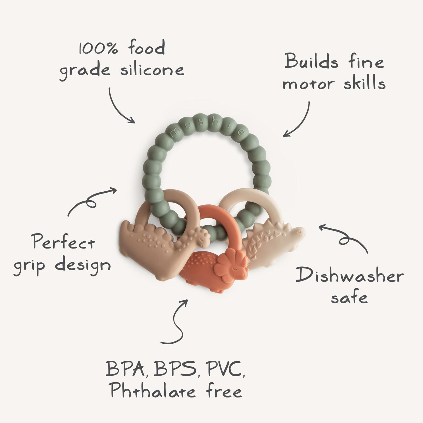 mushie Silicone Dino Teething Ring Toy