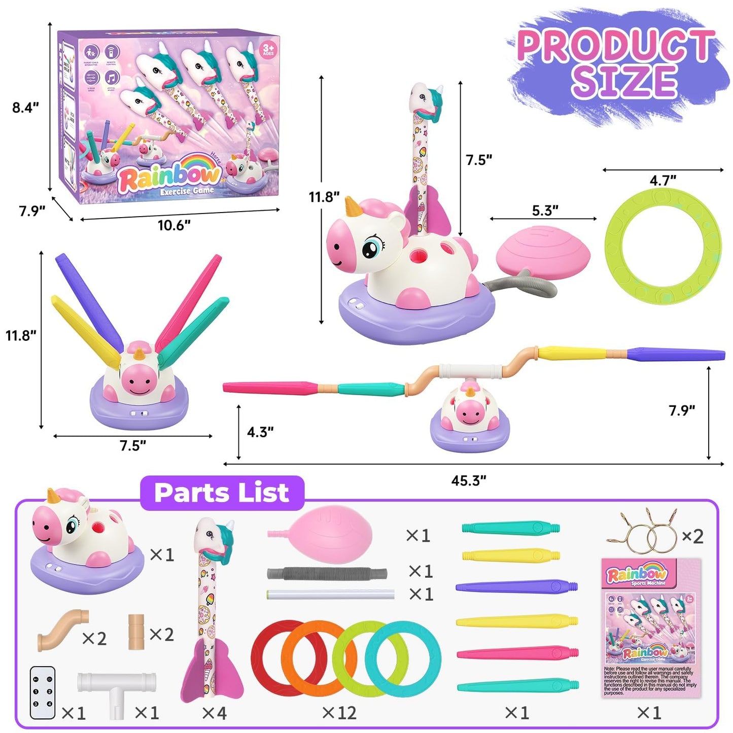 3 in 1 Unicorn Rocket Launcher, Ring Toss & Musical Jump, Outdoor Jumping Spinning Toy for Kids Ages 3-8, Indoor Active Play Set for Boys Girls, STEM Learning Birthday Gift for 3 4 5 6 7 8 Years Old