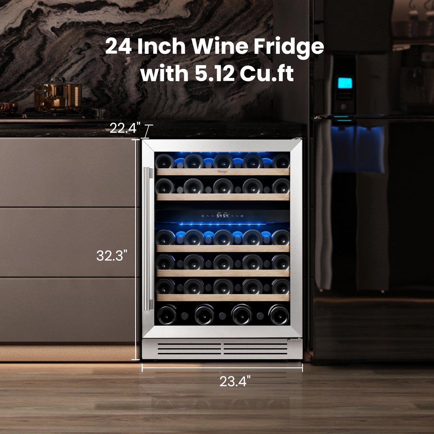 Yeego Wine Fridge Cooler - 24 Inch Dual Zone Wine Fridge Hold 52 Bottles, 40-65°F Wine Refrigerator Glass Door, Built in Fridge, Freestanding Adjustable Shelves Fridge for Beer Soda Drink Home Bar