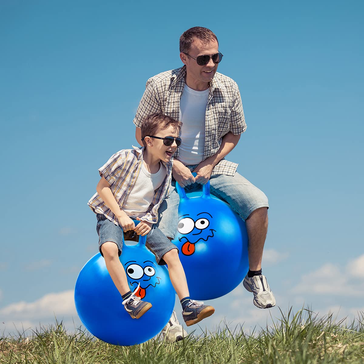 U&C Planet Hopper Ball, 22 inches Bouncy Ball with Handle for Kids Age 7-12, Hoppity Hop Sit and Bounce Jumping Hopping Toy with Pump & Gift Box, Great Gift for Birthday Christmas, Blue Emoji