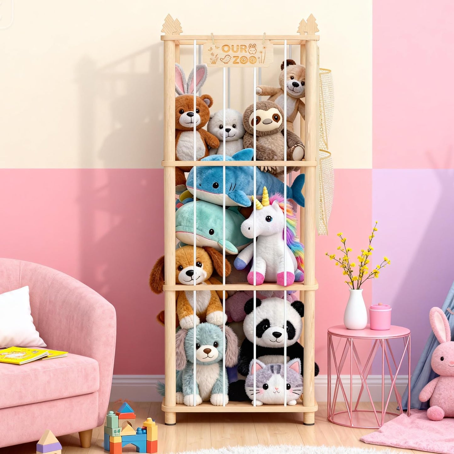 ZEQON Stuffed Animal Storage - Large Wooden Toy Storage Organizer with 1 Removable Hanging Storage Net, Plush Toy Organizer for Kids' Rooms, Bedroom, Playroom or Nurseries