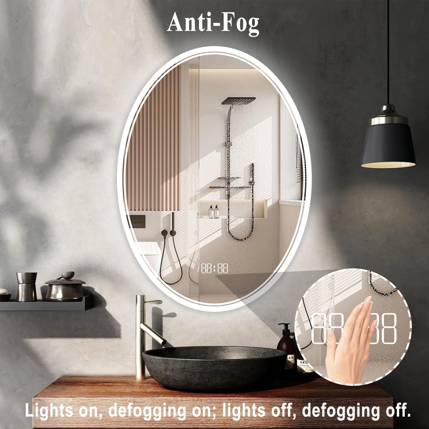 24x32 Inch LED Bathroom Mirror – Anti-Fog, Shatter-Proof Oval Makeup Mirror with Front & Backlit Lighting, 3 Color Modes & Stepless Dimming, Digital Time/Temperature Display, Vanity Mirror