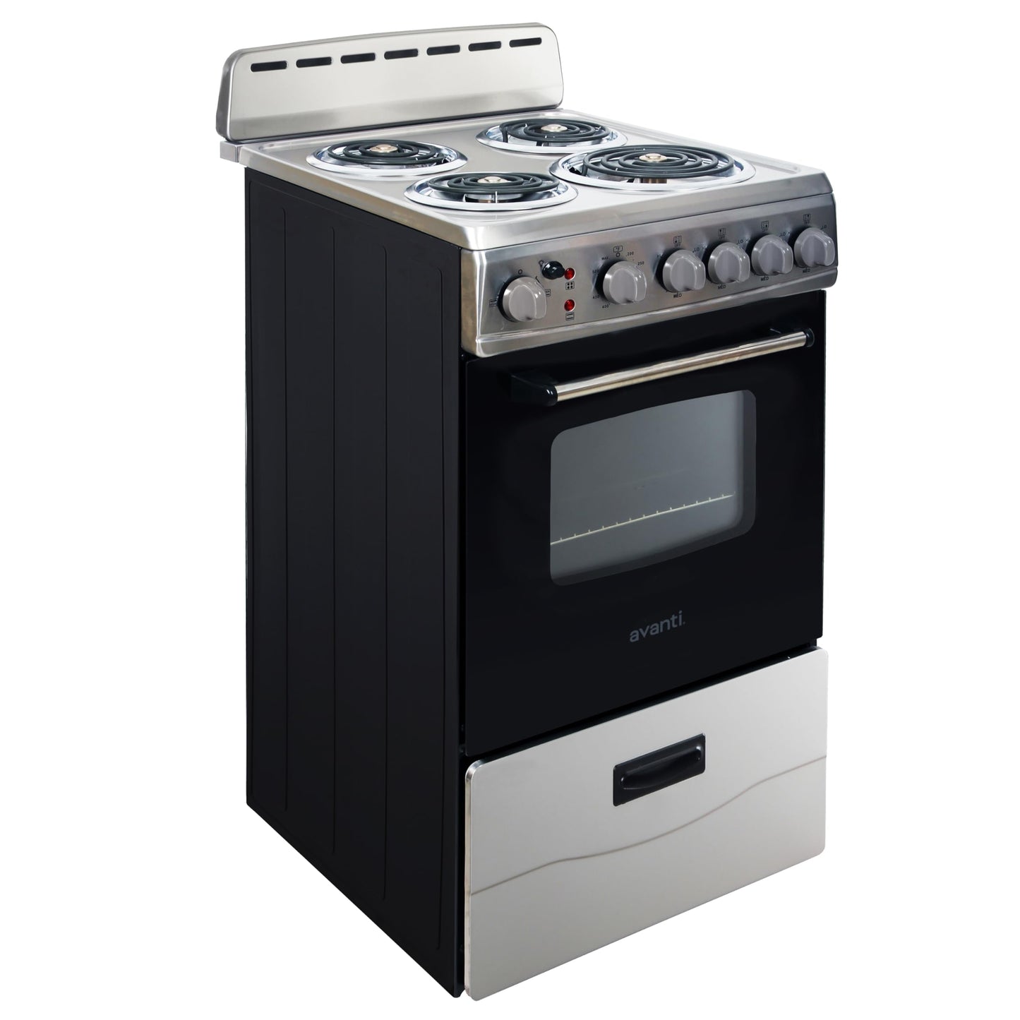 Avanti Electric Range Oven Compact Design, 2.1-Cu.Ft. Capacity with 4 Coil Burners, Framed Glass Oven Door, Storage Drawer and Broiler with Pan Perfect for Apartments, 20-Inch, Stainless Steel