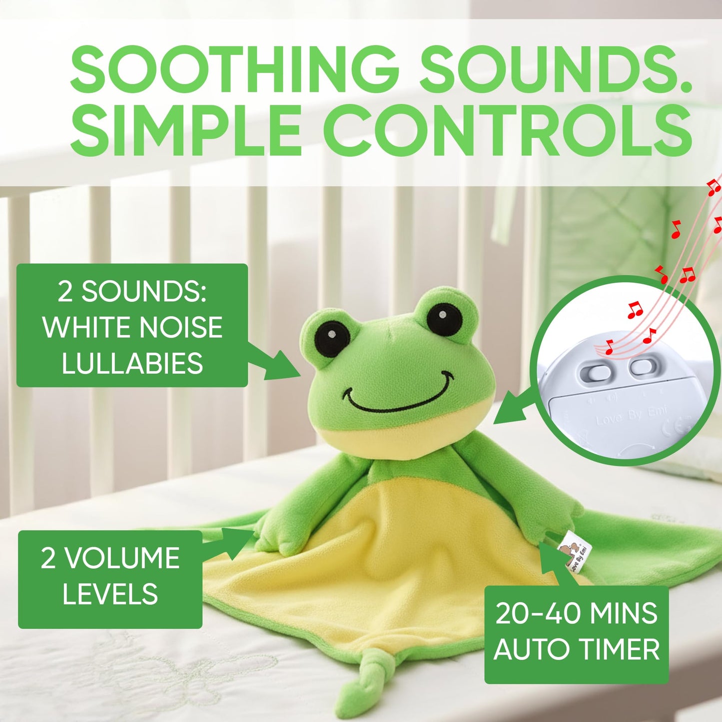Love By Emi 4 in 1 Baby Lullaby Sleep Soother Toy - Stuffed Animal Sound Machine & Pacifier Holder | Heartbeat White Noise & Music | Plush Yellow Frog Sleep Aid Security Blanket (0-3 Years)