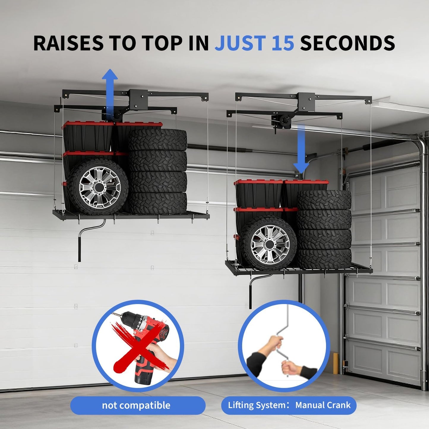 Overhead Garage Lifting Storage Rack, 4x4 ft Heavy-Duty Carbon Steel Ceiling Storage Rack, Adjustable Organization System, 350Lbs Safe Load (Tested to 600Lbs), Manual Crank Lift Design