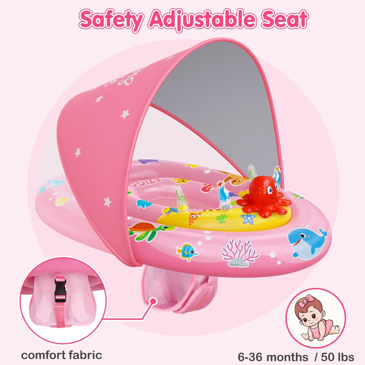 EZIGO Baby Pool Float with Canopy UPF50+ Sun Protection, Inflatable Kids Pool Floats with Ocean Animal Toys for Baby 6-36 Months, Infant Swimming Float with Adjustable Safety Seat for Boys Girls Pink