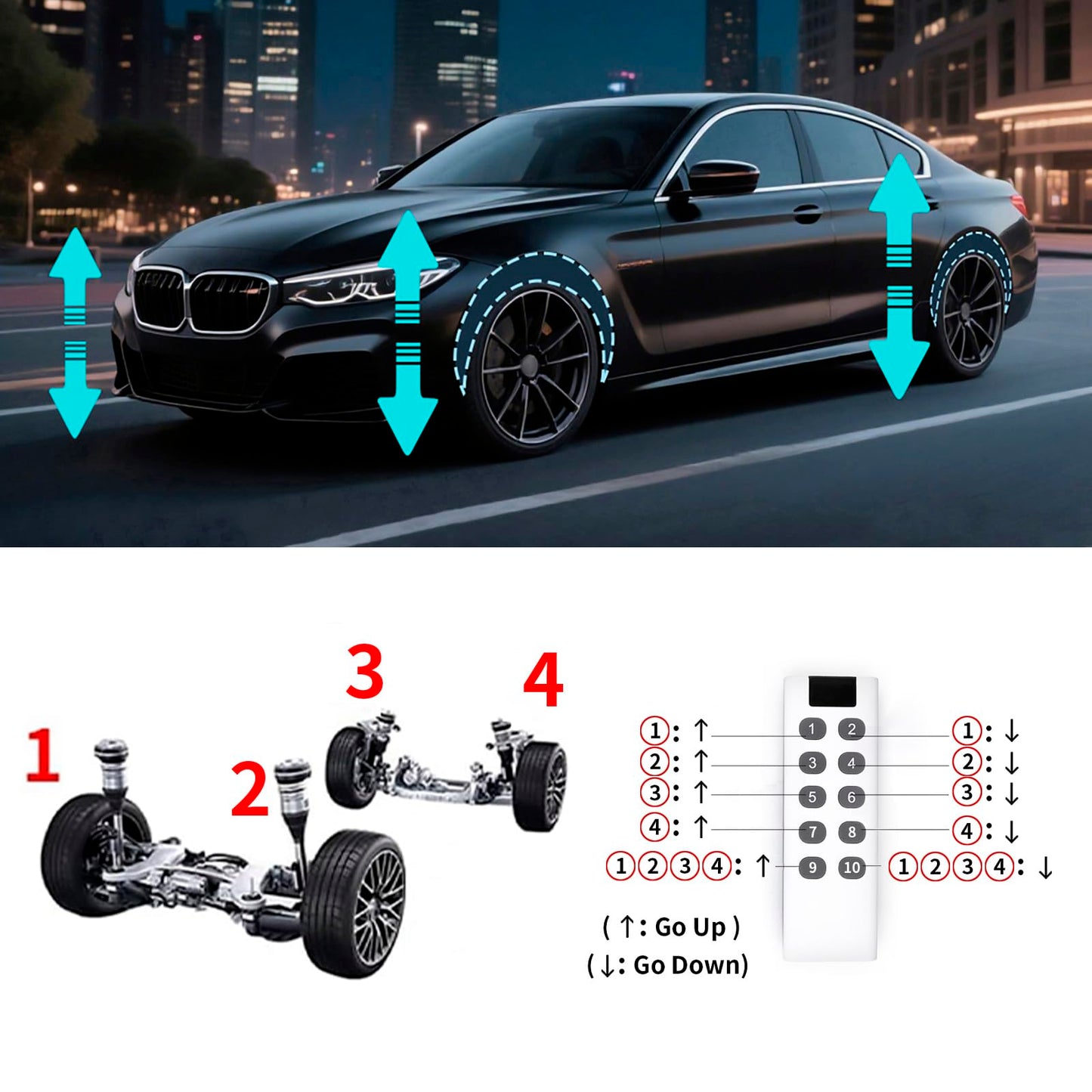 CNWZYMX 12V Air Management featuring 8-Valve Air Ride Suspension Manifold, with 10-Button Wireless Remote Controller and Five-Way White Display Air Pressure Gauges