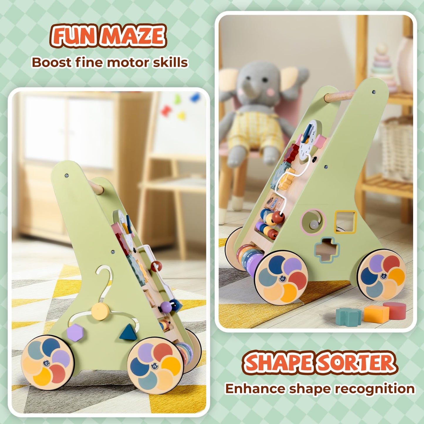 BAUTIA Wooden Baby Walker for 6-12 Months, Montessori Walker Push Toy for Toddlers Learning to Walk, Push Walker Baby Activity Center for Boys and Girls