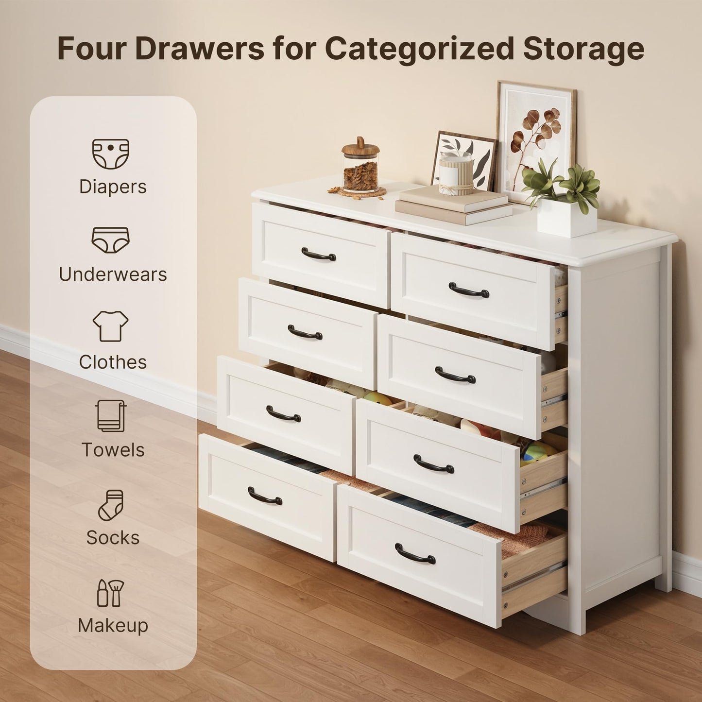 Gizoon 8 Drawer Dresser for Bedroom，Larger Chest of Drawers with Mental Handle for Kids Room, White Dresser with 8 Storage Drawers for Living Room, Entryway and Hallway, White