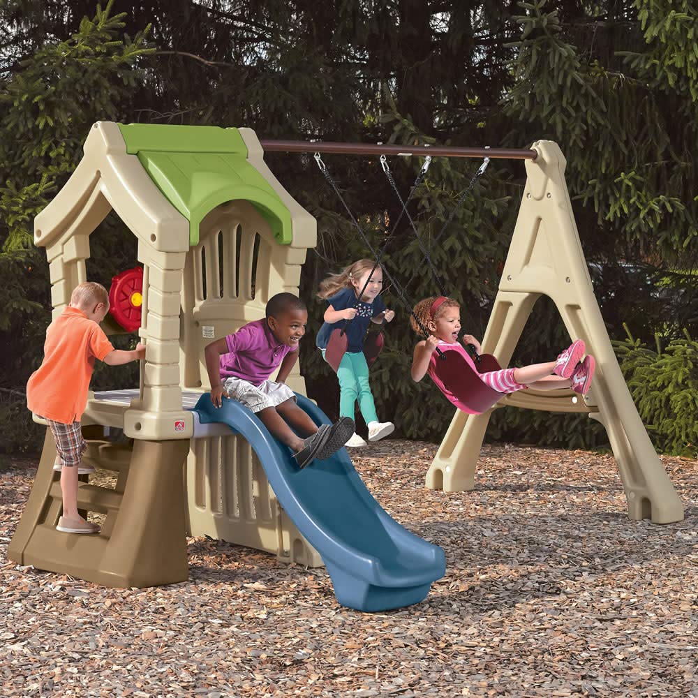 Step2 Play Up Gym Set for Kids, Outdoor Swing Set, Backyard Slide, Swings, Playhouse, & Crawl Space, Two Tier, Easy Set Up, Toddlers Ages 3-6 Years Old