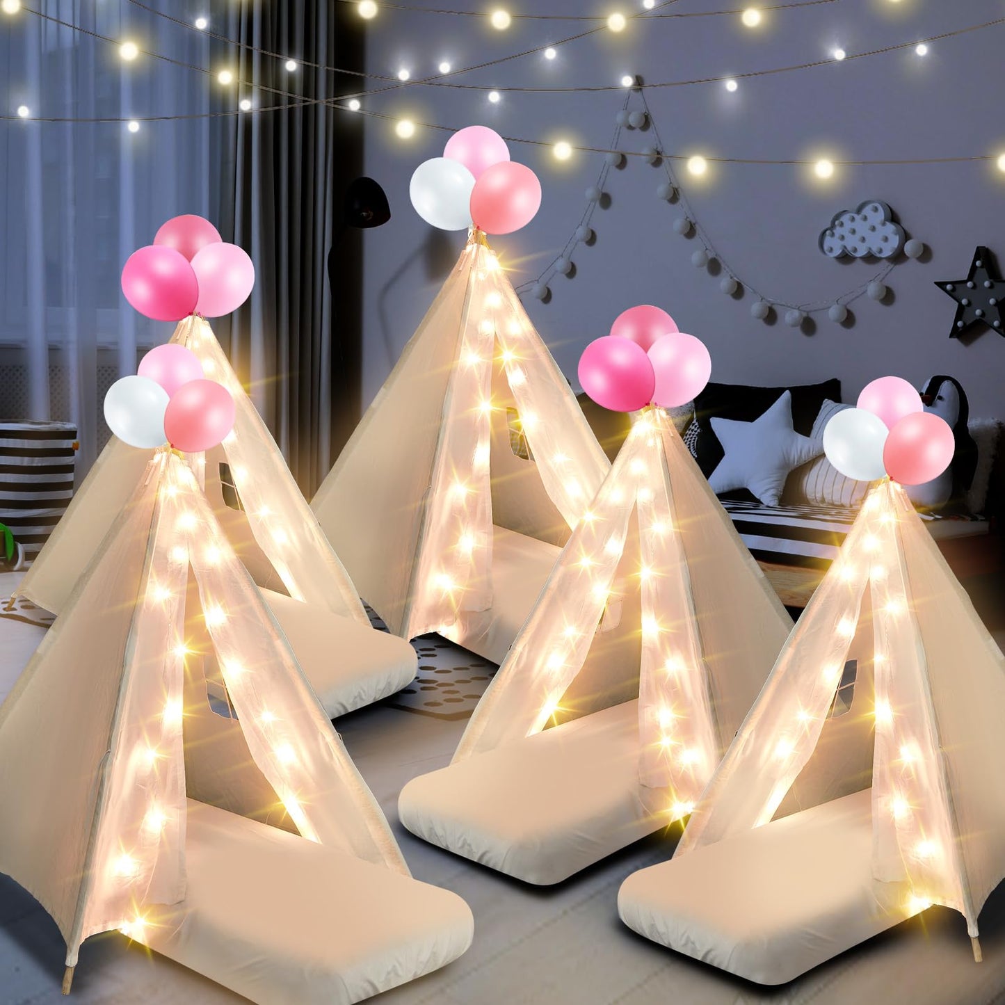 Lemosae 6 Pack Sleepovers Teepee Tent for Kids Bulk with Mattress Sheet Light,Natural Cotton Washable Indoor Play Tent for Birthday Slumber Party Girls Boys Pajama Movie Night Supplies(White)
