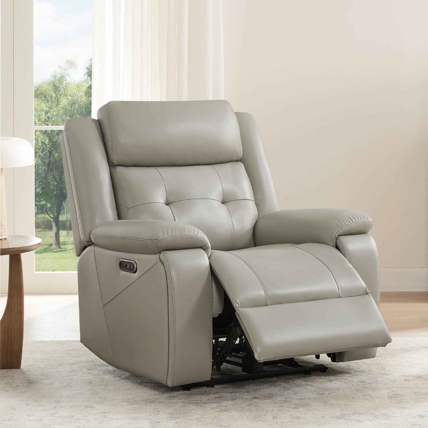 Watson & Whitely Genuine Leather Power Recliner Chair for Adults, Wall Hugger Recliner with Power Headrest, Cup Holders & Charging Ports, Electric Reclining Chairs for Living Room, RV, Grey