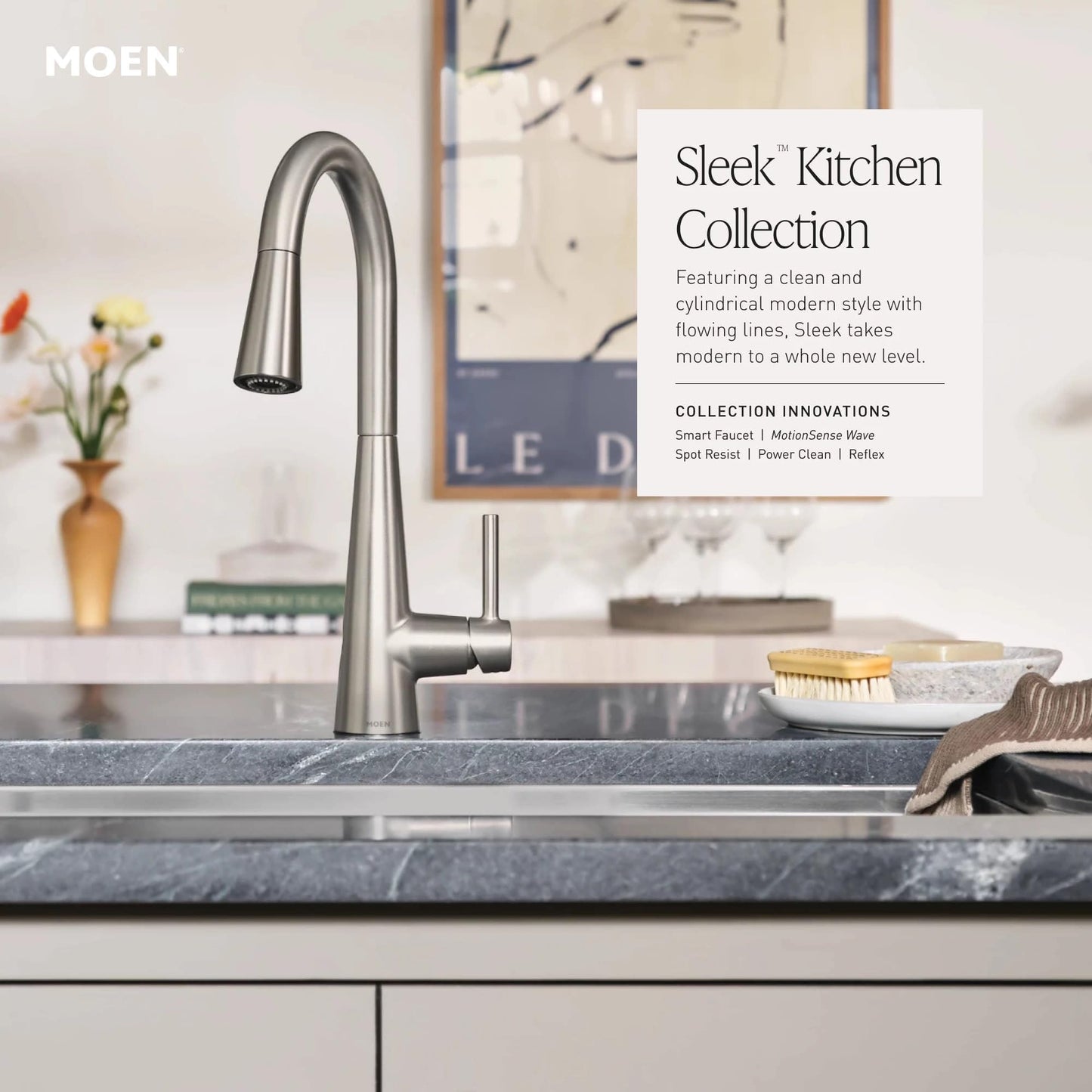 Moen Sleek Brushed Gold Motionsense Wave Sensor Touchless Kitchen Faucet, One-Handle Modern Kitchen Sink Faucet with Pulldown Sprayer Featuring Power Clean, 7864EWBG
