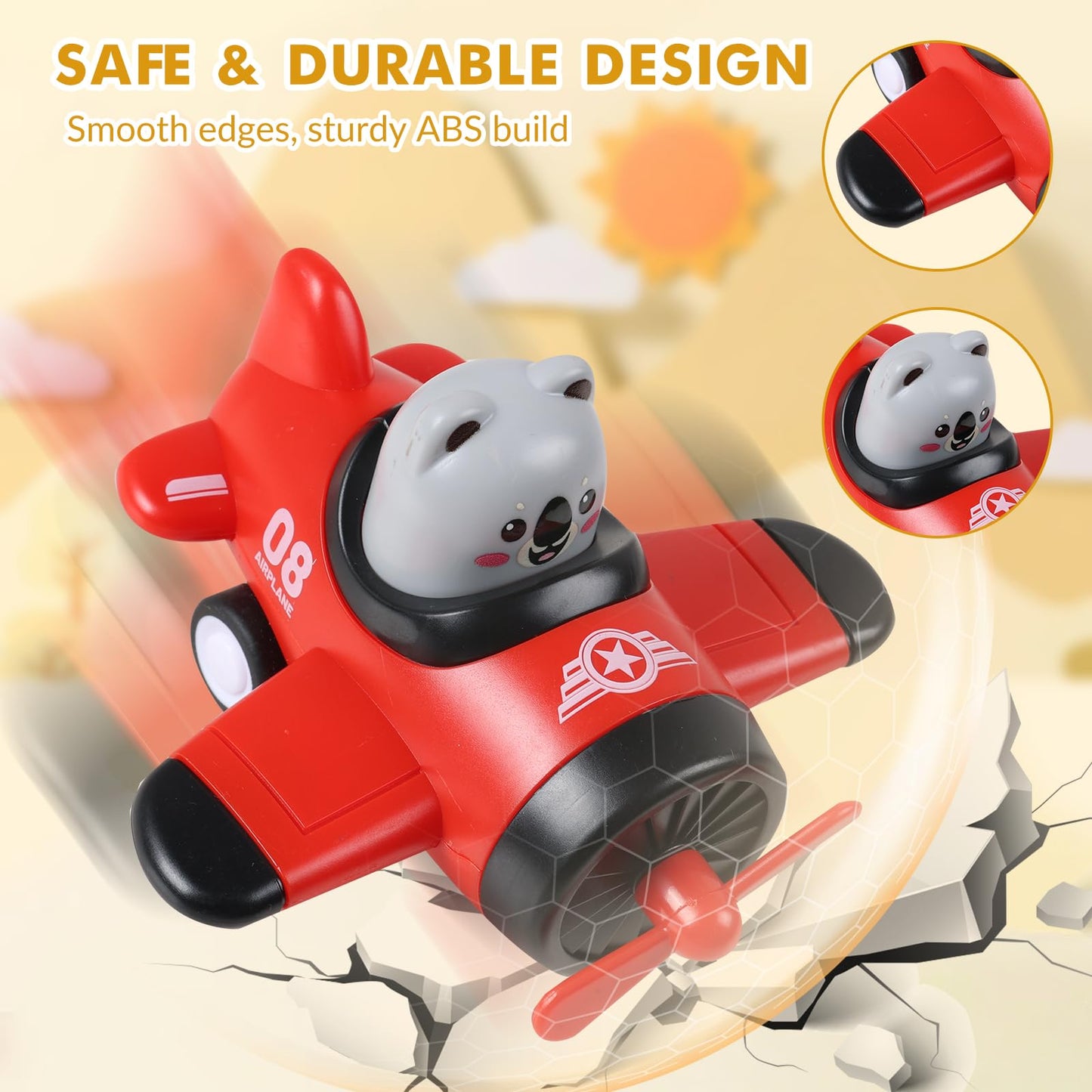 Airplane Toy Cars for Toddlers 1-3 – 4 Pack Press and Go Baby Car Toys, Push Airplanes with Rotating Propellers & Animal Drivers, Safe ABS Friction Cars for Indoor Outdoor Play, Gift for Boys Girls