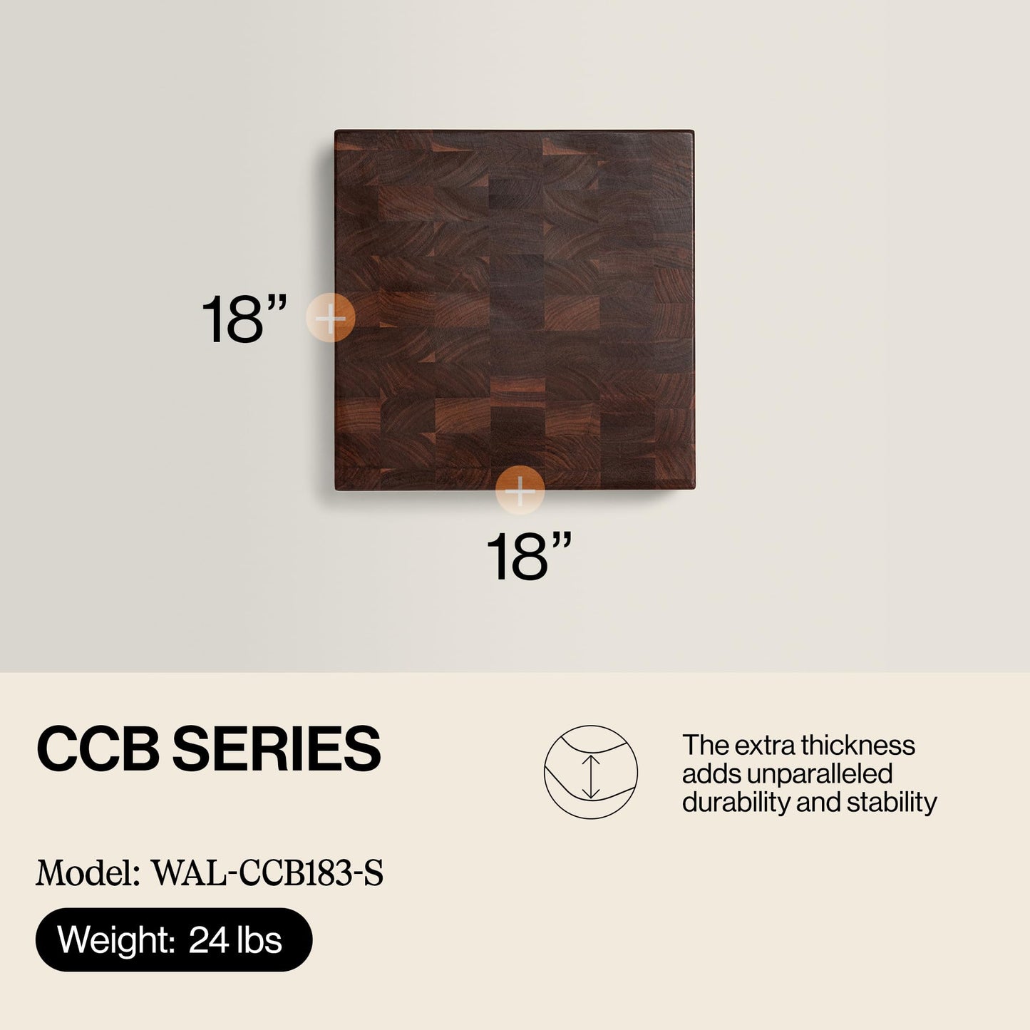 John Boos CCB Series Square Wooden Walnut Cutting Board 18”x18” – 3” Thick, 24-lb Reversible Butcher Block with End-Grain & Finger Grips – Made in the USA