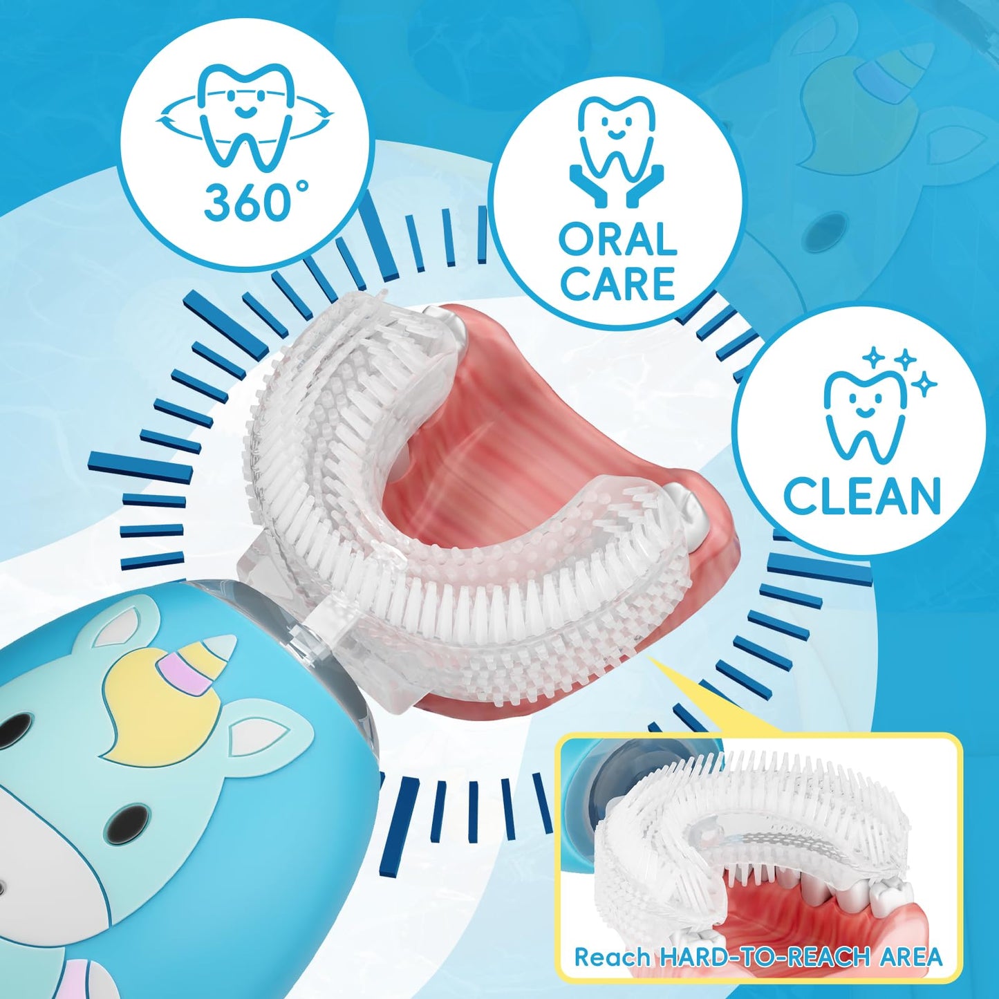 LHhuizou Kids U Shaped Electric Toothbrush 4 Brush Heads, Automatic Sonic Toothbrush Kids 2 Modes, Cartoon Design 360-Degree Cleaning IPX7 Waterproof