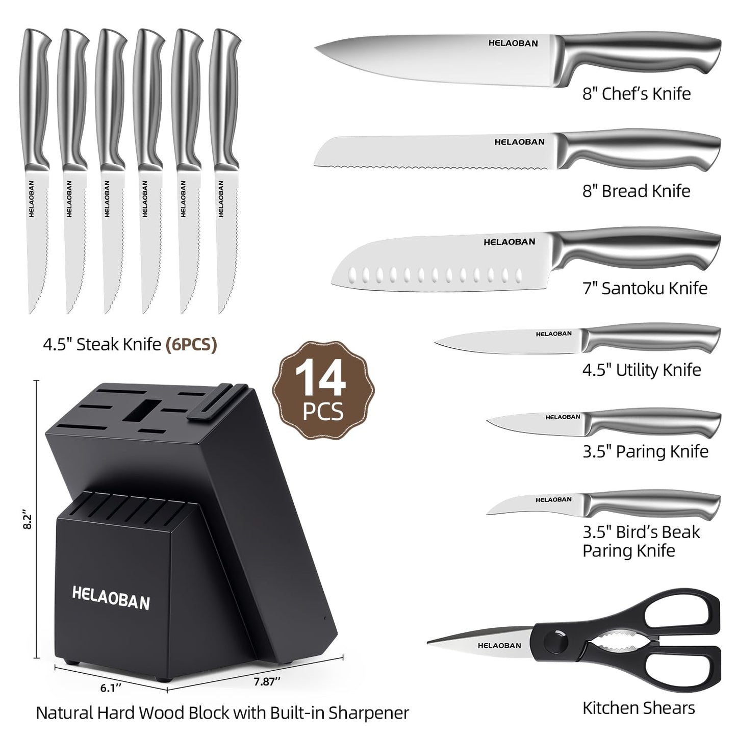 HELAOBAN 14-Piece Kitchen Knife Set with Block & Built-in Sharpener, Professional Chef Knives Set High Carbon Stainless Steel Sharp Cooking, Rust Proof, Dishwasher Safe, Wooden Block