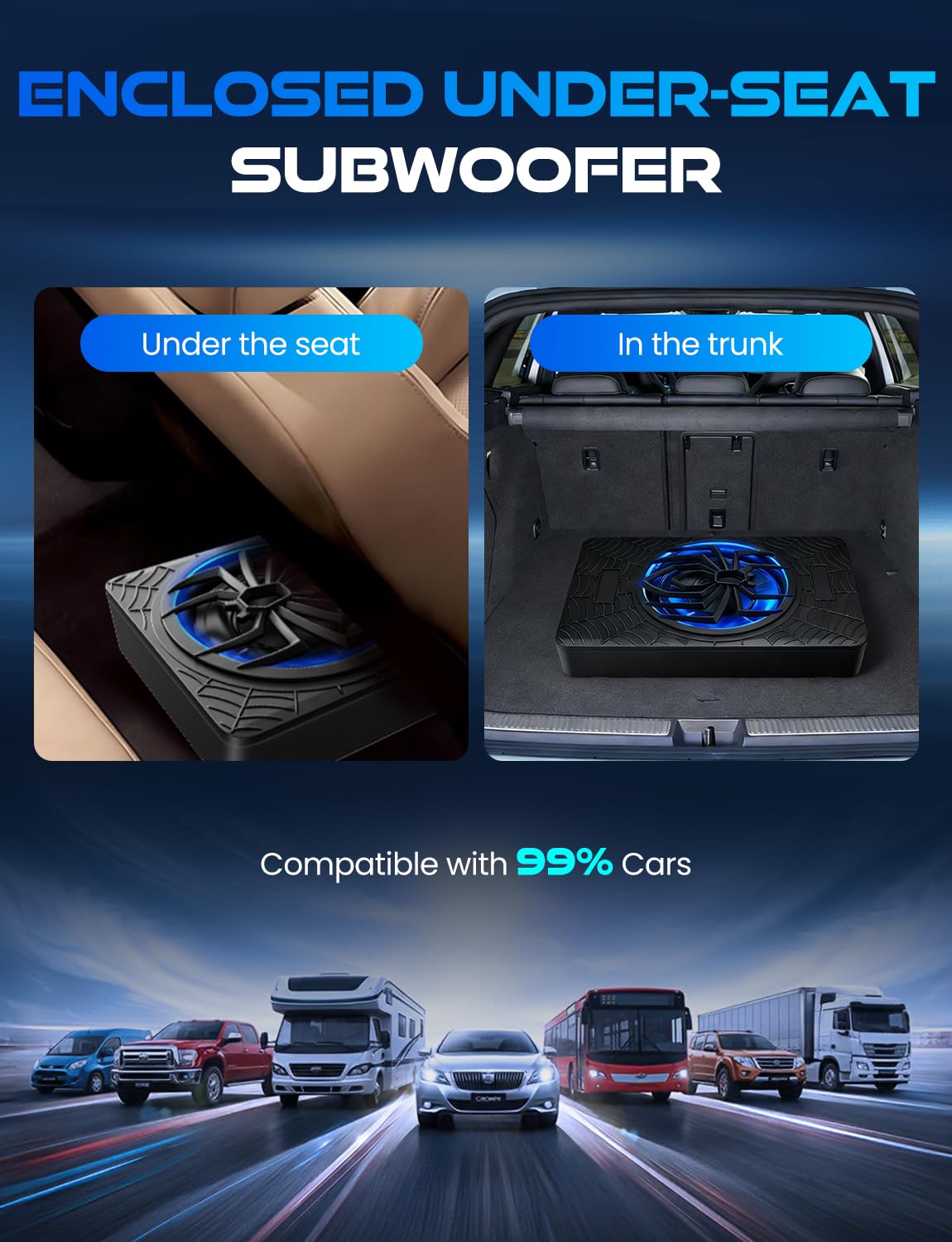 1200W Powered Under Seat Car Subwoofer with Built-in Amplifier, Slim Low Profile Subwoofer for Car Audio Upgrade, Adjustable Bass Control, Beat-Synced RGB Lighting