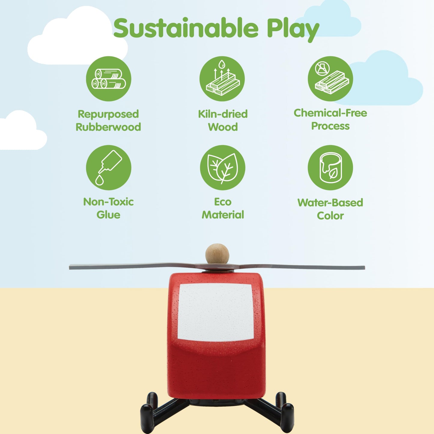 PlanToys® Wooden Helicopter Toy | Montessori Imaginative Play, Cause and Effect and Fine Motor Skill Development Activity | Eco Friendly Toy for Indoor and Outdoor Play