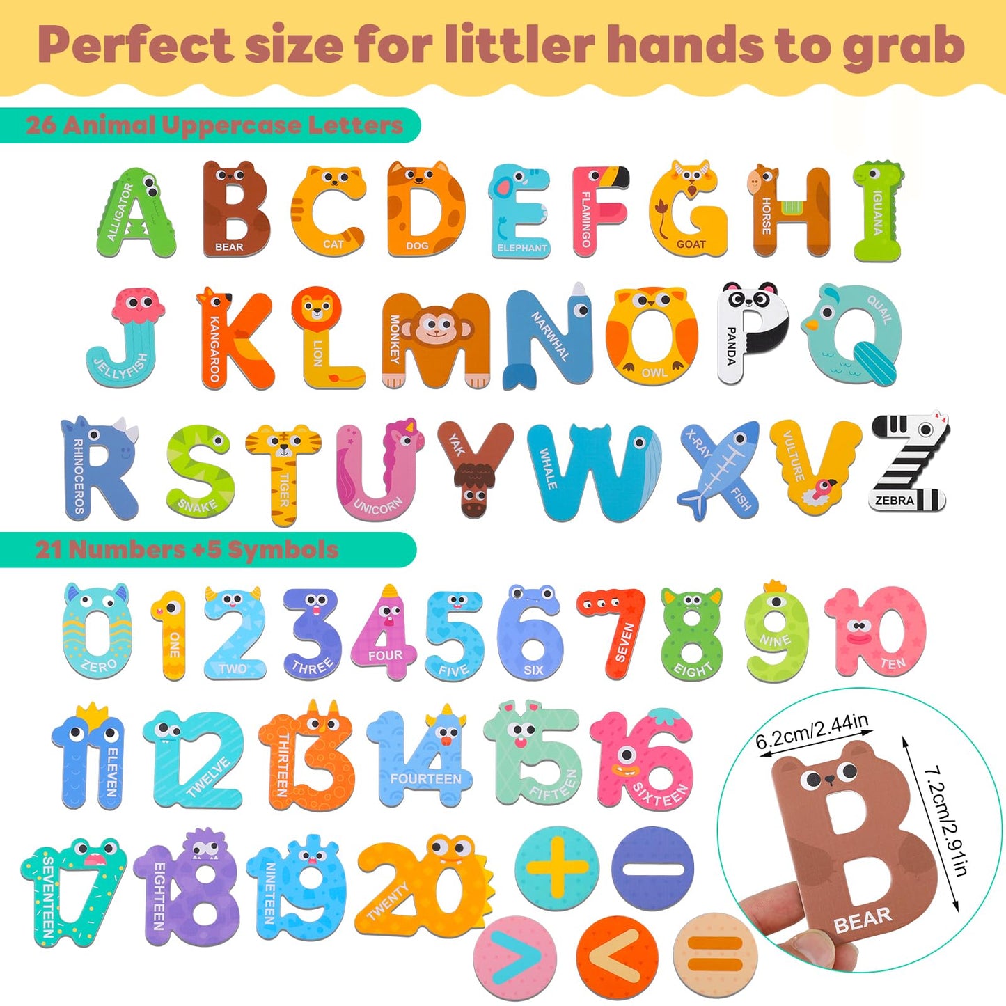 Magnetic Letters and Numbers, 52 Pieces Colorful Fridge Magnets for Toddlers 3-5, 26 Uppercase Magnetic Letters 21 Numbers 5 Symbols, for Kids Toddlers Preschool Spelling Learning