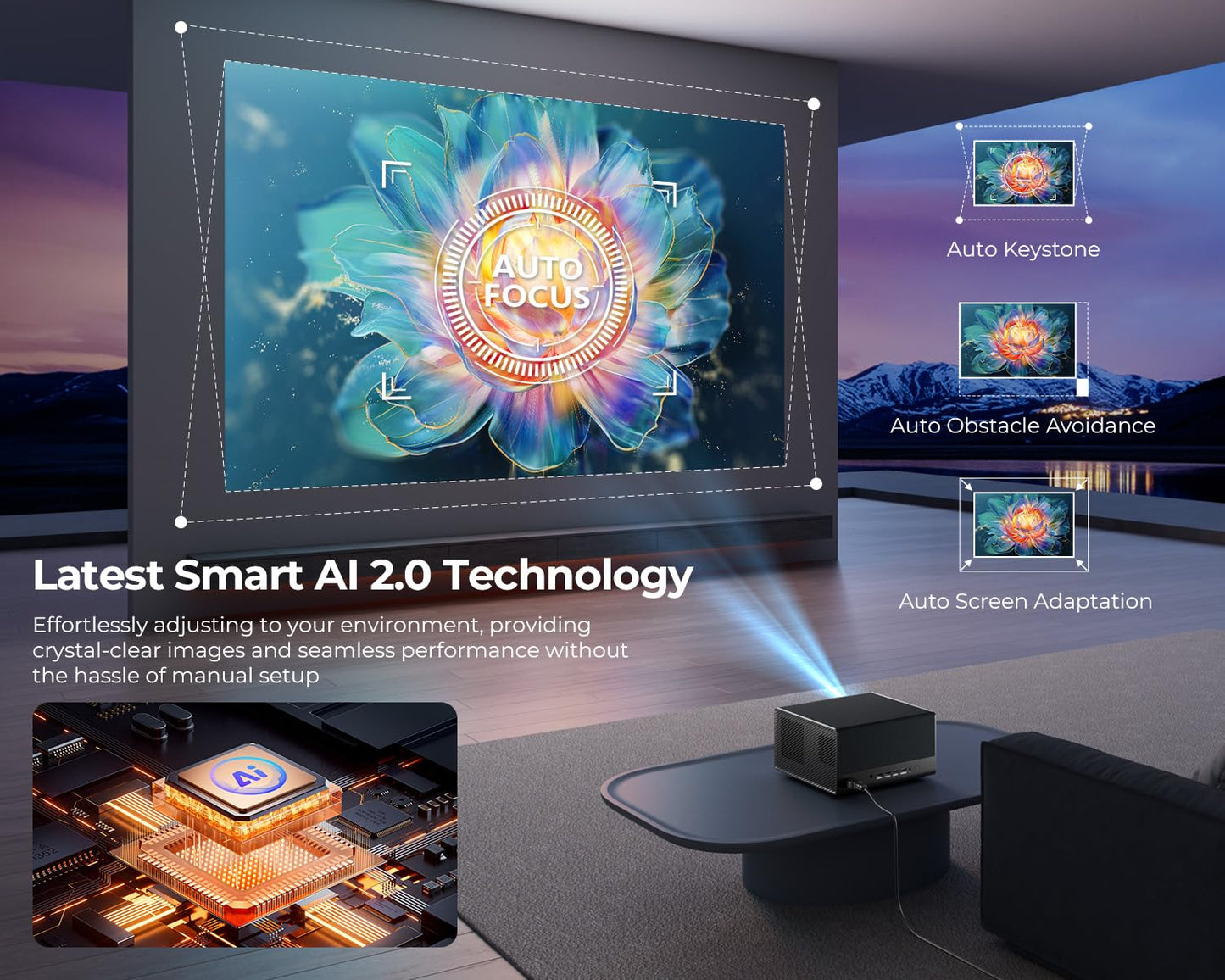 ELEPHAS Smart 4K Projector with WiFi and Bluetooth - Compatible with Netflix, Prime Video, YouTube, Dust-Proof Sealed, Dolby Audio, Auto Focus & Keystone PRO UHD HDR 10+ Video Projector