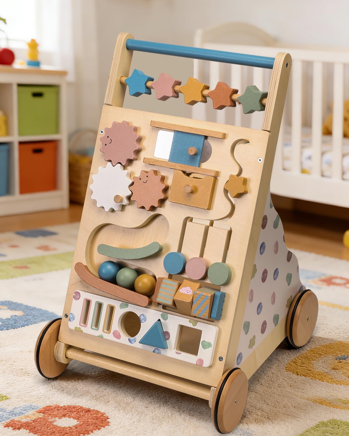 Montessori Safe Wooden Baby Walker, Adjustable Speed Baby Push Walker for Girls and Boys, Morandi Activity Center Toy for Kids' Development, Ideal Gift for Toddlers