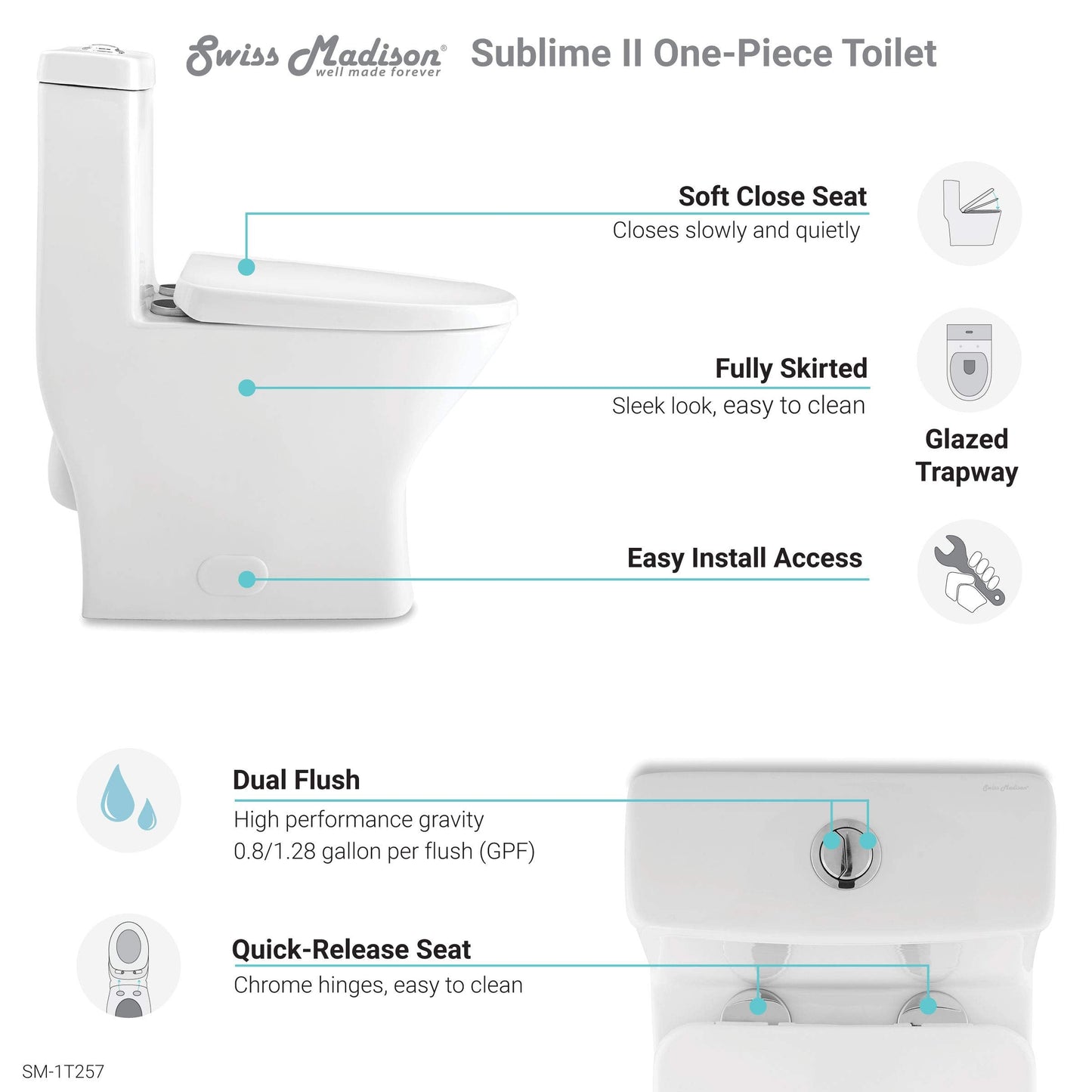 Swiss Madison SM-1T257 Sublime II Compact 24" Length One Piece Toilet Dual Flush 1.1/1.6 GPF with Side Holes, Glossy White