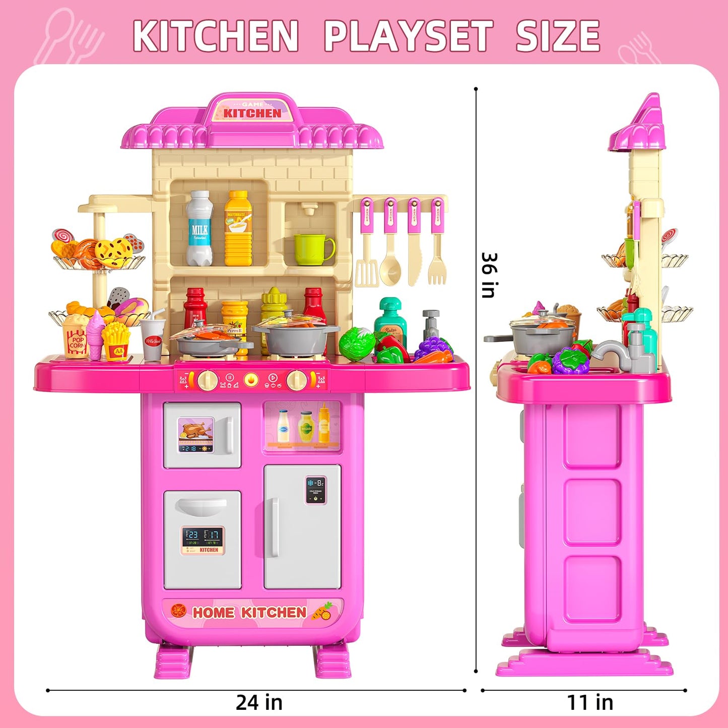 MSKOLER Play Kitchen Playset, Girls Kitchen Toys for Ages 2-6 4-8 with Light, Sound and Spraying, Sink Toy Accessories, Cooking Stoves, Pretend Food for Toddlers 1-3 3-5